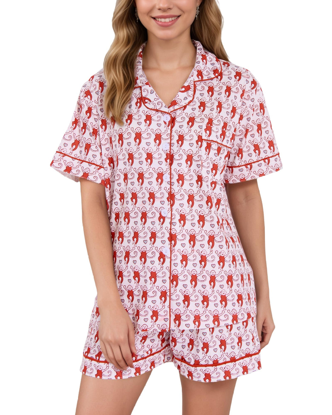 Women Y2k Pajamas Set Cute Preppy 2PCS Button Down Holiday Monkey Shorts Summer Outfit Beach Vacation Loungewear PJs WEBE CLOTHING