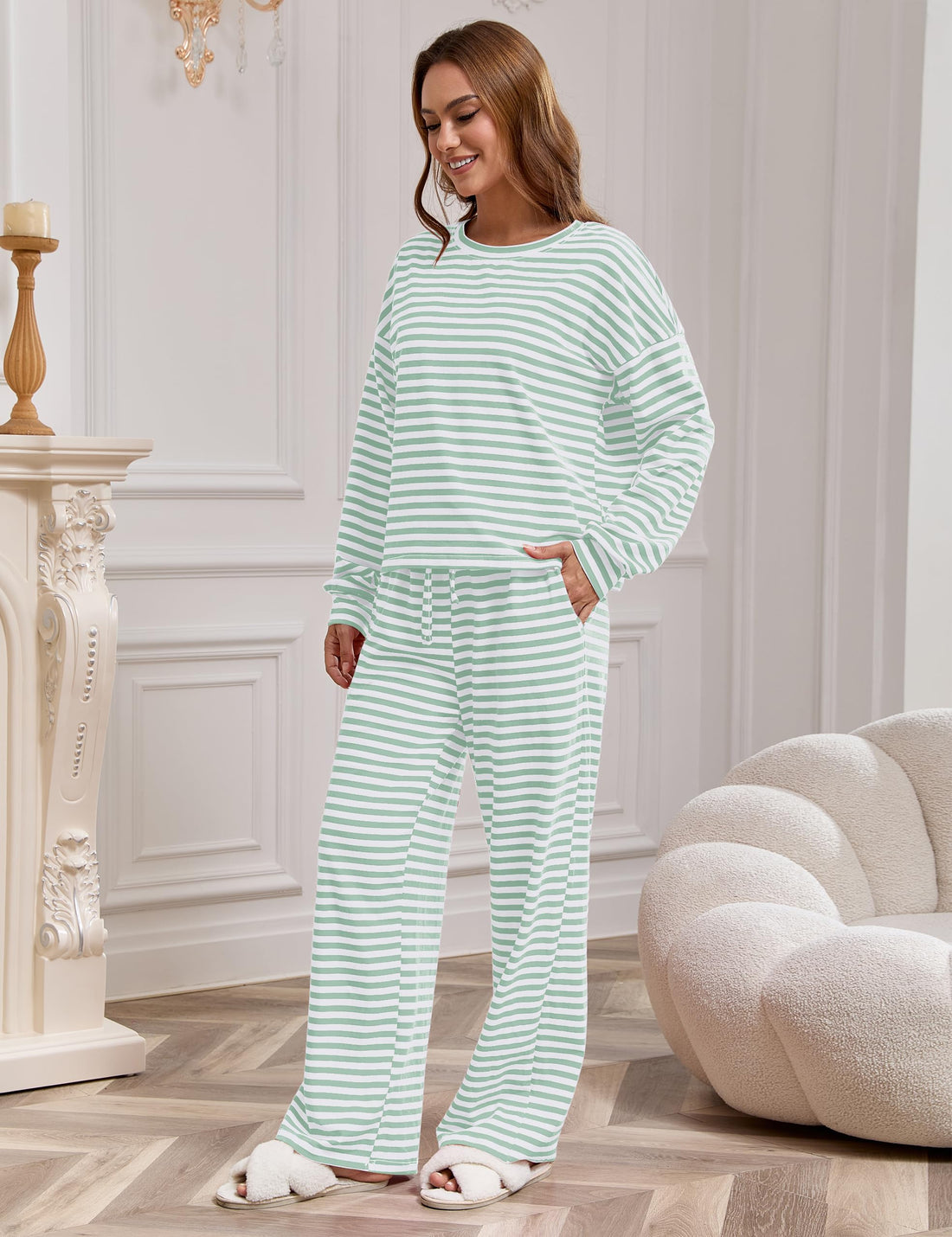 MISSACTIVER Women's Striped 2 Piece Lounge Set Casual Long Sleeve T-Shirt Drawstring Wide Leg Pants Matching Pajamas Set