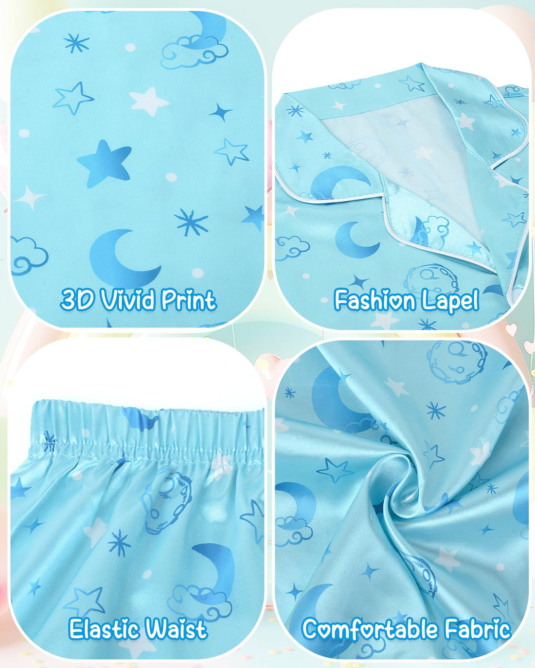 Sylfairy Girls Pajamas Silk PJS Set Pink Bow Satin Sleepwear Short Sleeve Jammies for Kids Button-Down Nightwear size 7-14