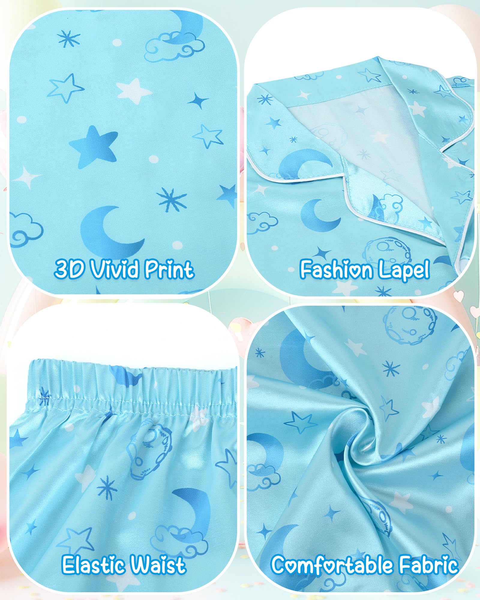 Sylfairy Girls Pajamas Silk PJS Set Pink Bow Satin Sleepwear Short Sleeve Jammies for Kids Button-Down Nightwear size 7-14