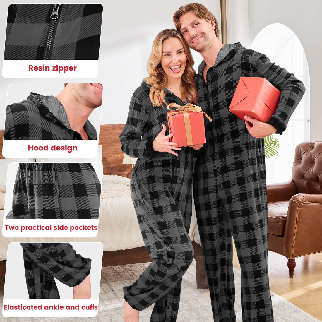PJGGZ Onesie Couples Matching Pajamas - Funny Plaid Zipper Hooded Pjs Sets for Women & Men Soft Warm Christmas Jumpsuit WEBE CLOTHING
