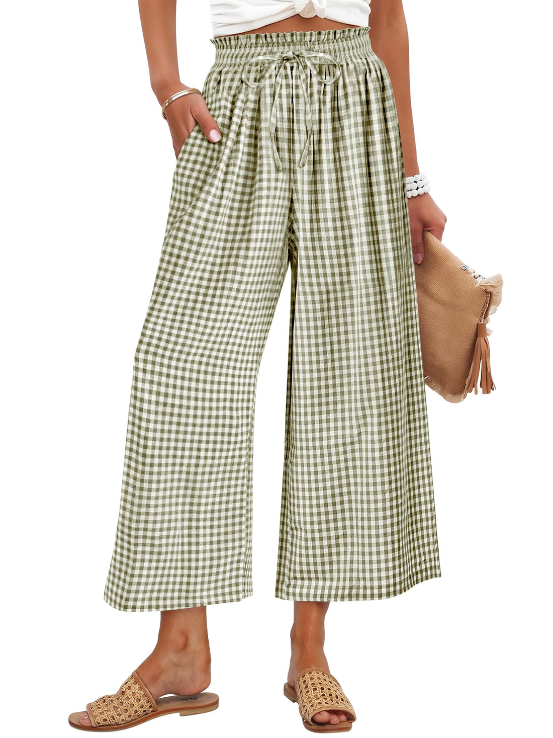 ANRABESS Womens Striped Gingham Palazzo Capri Pants Pajama Wide Leg Lounge Trousers Plaid Cute Crop PJ Bottoms with Pockets