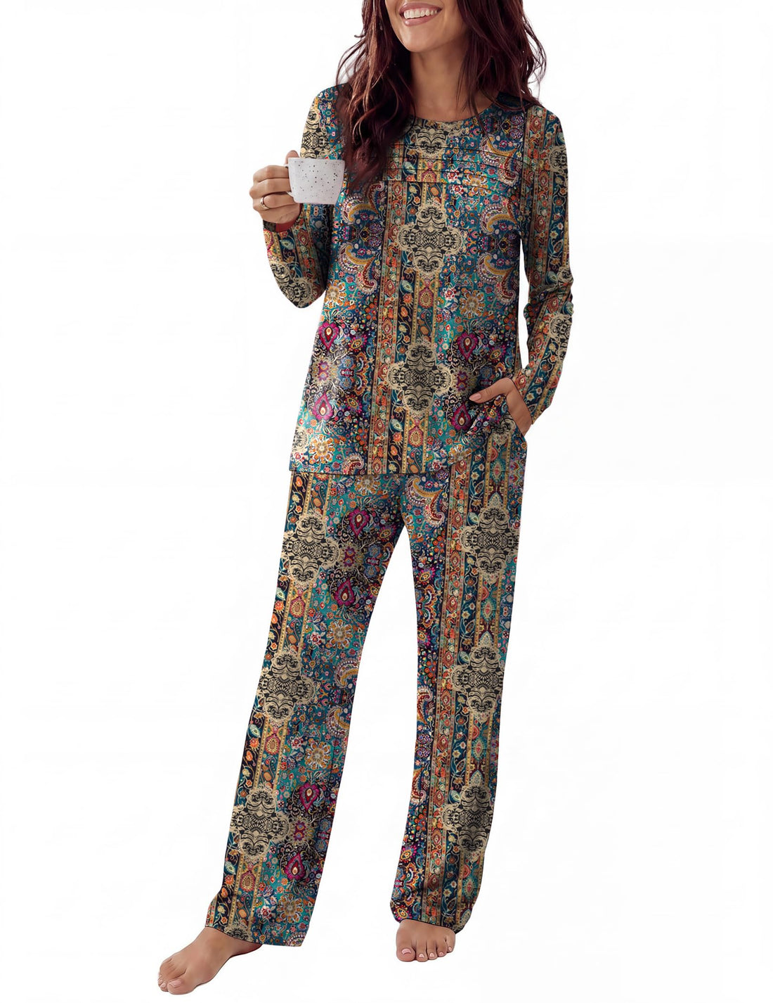 Ekouaer Womens Pajama Sets Pleated Tops with Long Pants Lounge Set Long Sleeve Fall Sleepwear Ladies Pjs S-XXL