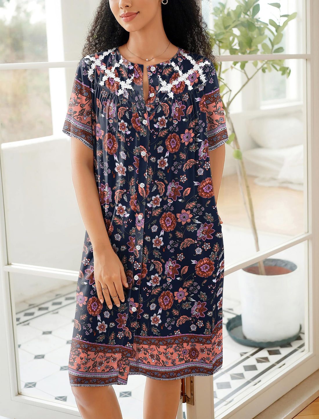 Ekouaer House Dress for Women Button Down Nightgown Short Sleeve Housecoat with pockets S-4XL WEBE CLOTHING