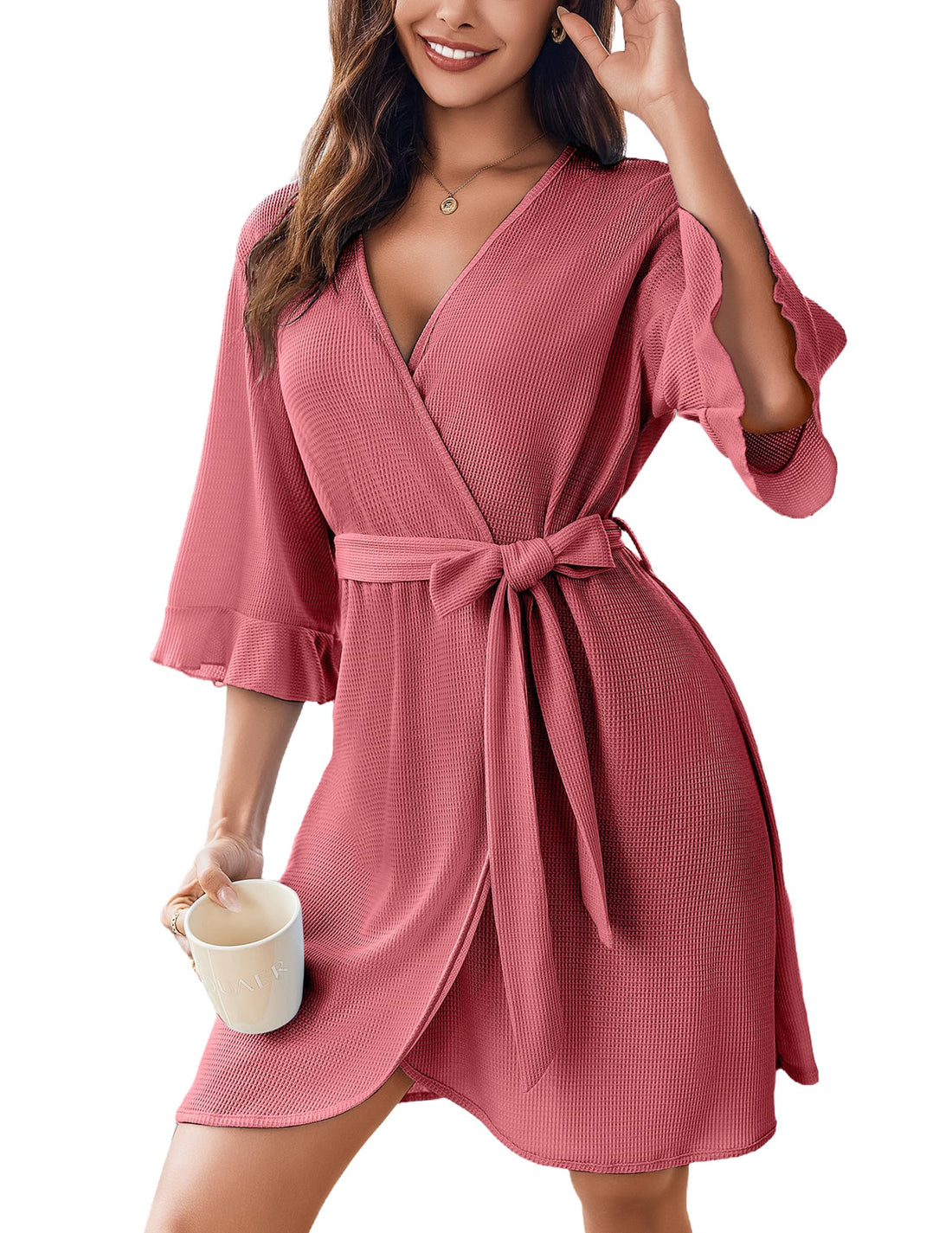 Ekouaer Robes for Women Lightweight Waffle Knit Short Bath Robe Knee Length Ruffle Ladies Loungewear WEBE CLOTHING