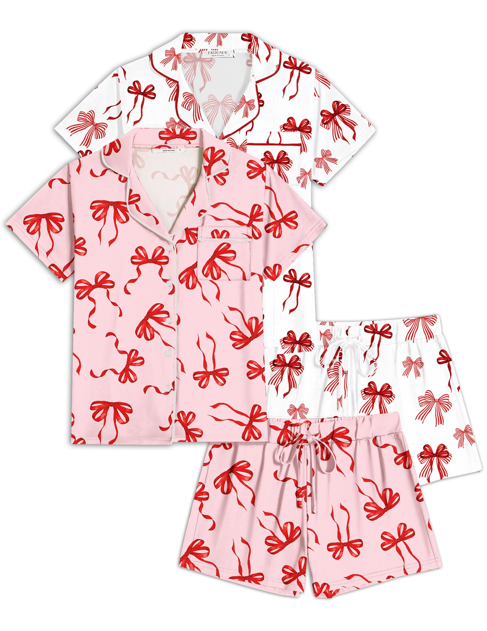 Ekouaer Womens Pajamas Set 2 Pack Button Down Summer Sleepwear Short Sleeve Comfy Pjs Loungewear Set
