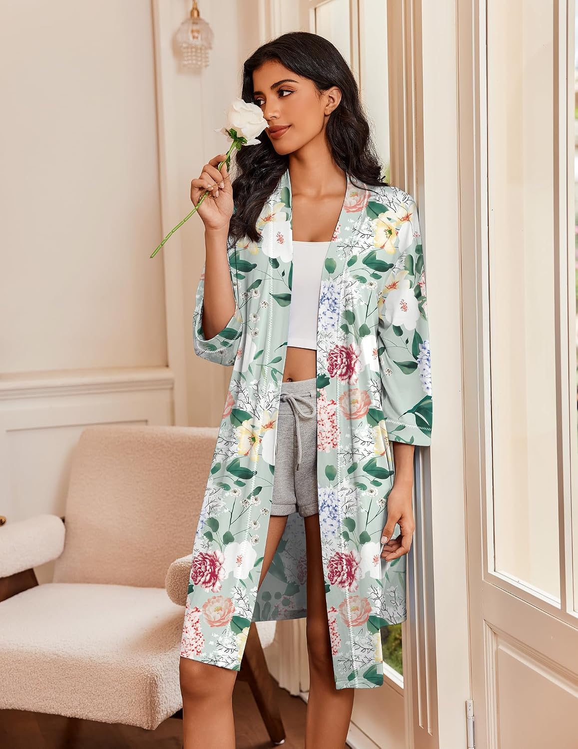 Ekouaer Robes for Women 3/4 Sleeve Knee Length Bathrobe with Pockets | Lightweight, Kimono,Sleepwear,Soft,Comfy,Floral Print,House Coat WEBE CLOTHING