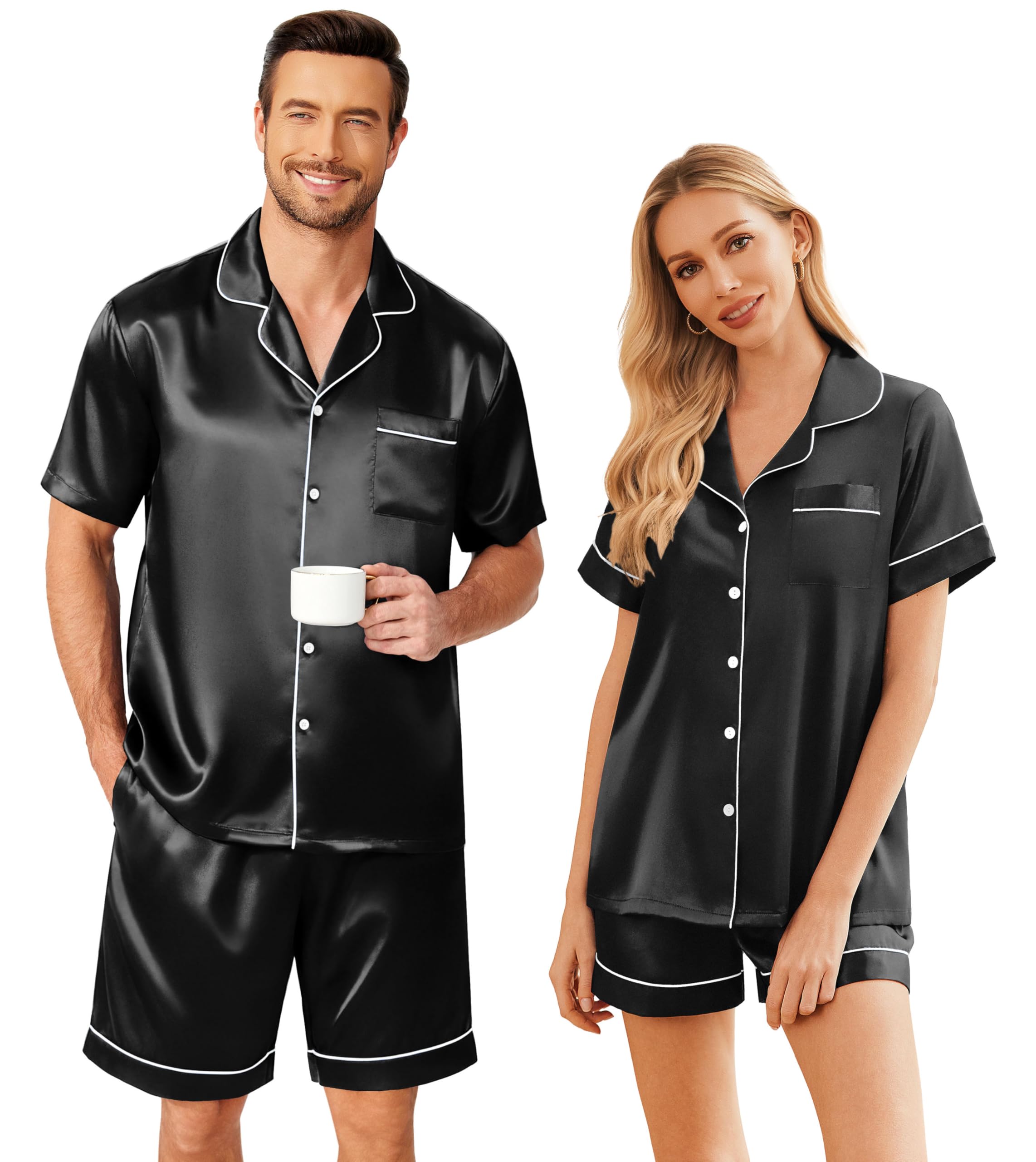 Ekouaer Couple Matching Pajamas Sets Silk Short Sleeve Button Down Sleepwear Satin Pjs Shorts Set Soft Loungewear S-XXL