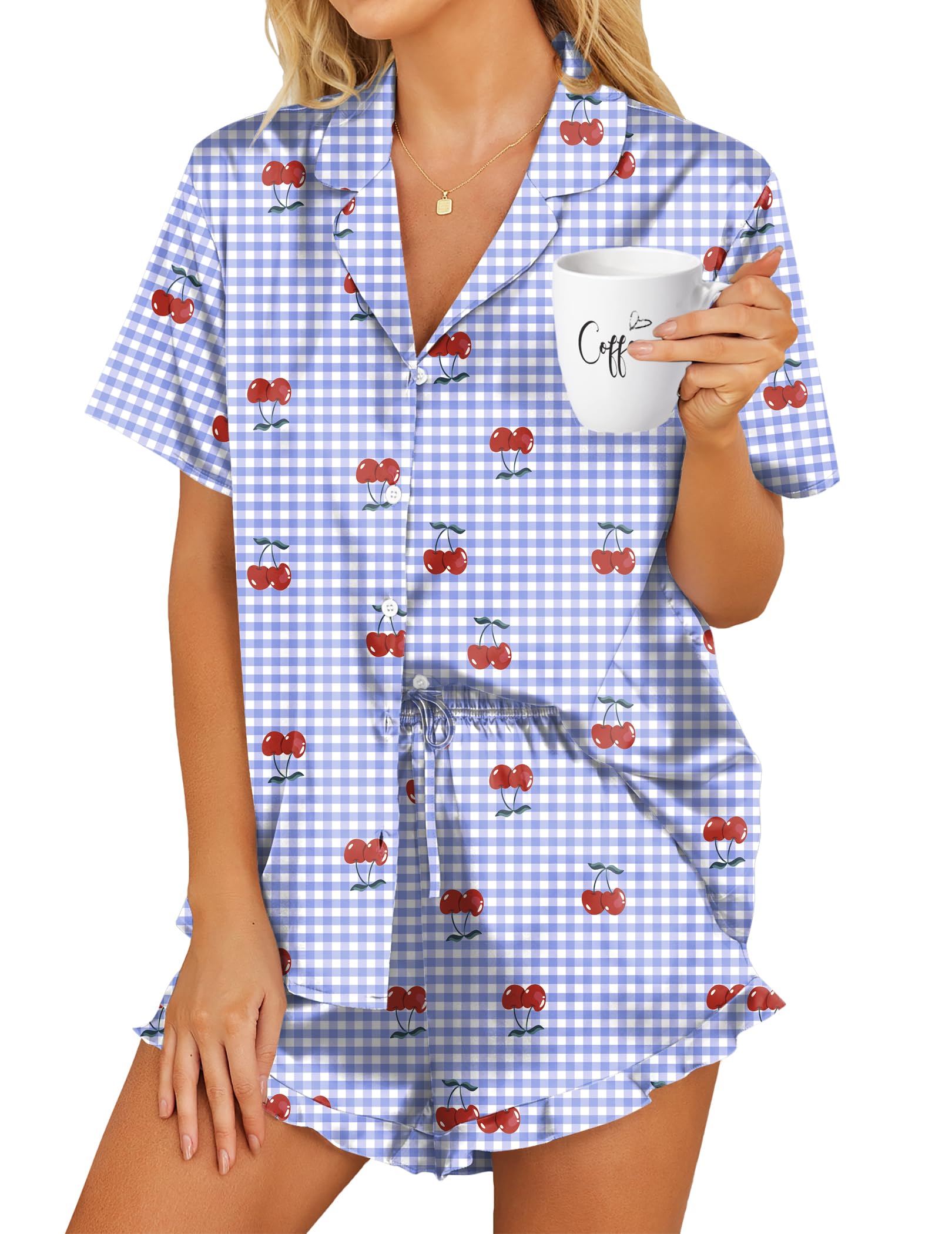 HOTOUCH Womens Satin Pajamas Set Button Down 2 Piece Silk Pjs Shorts Set Ruffle Lingerie Notch Collar Sleepwear