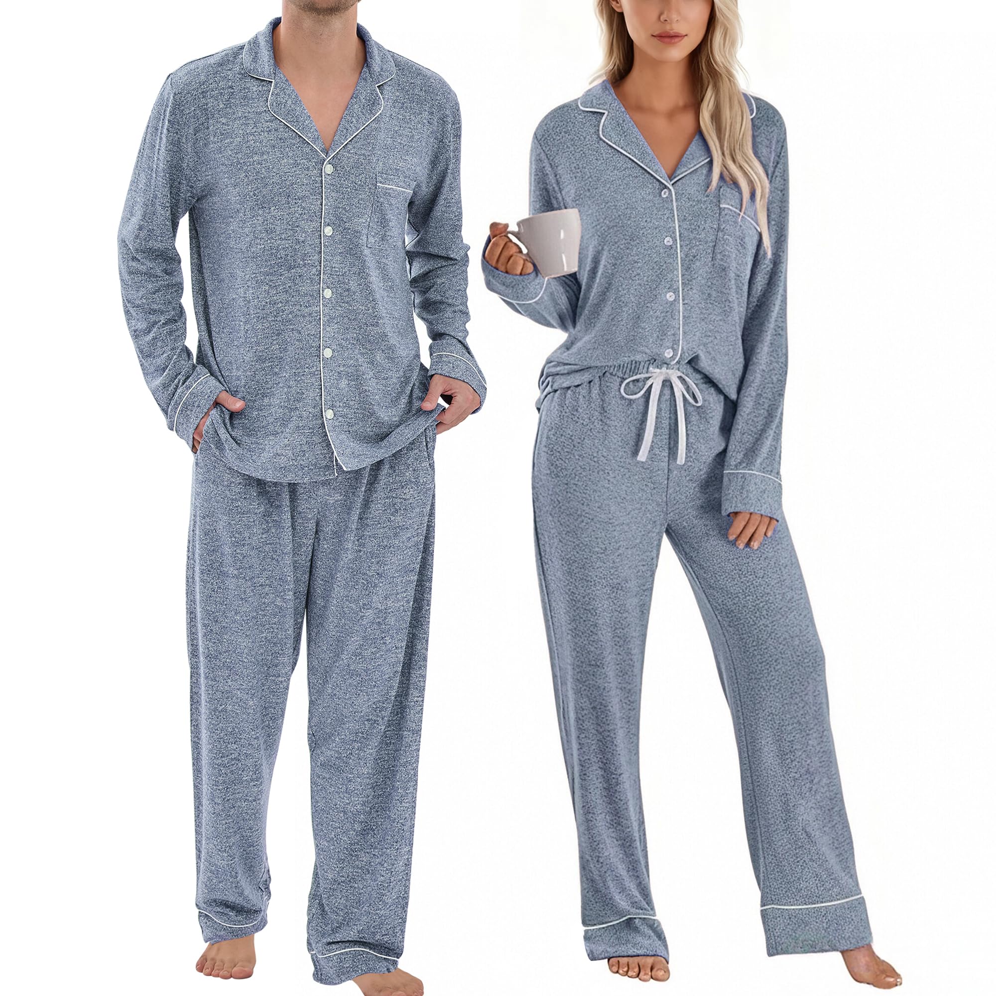 PJGGZ Matching Pajamas for Couples, Button Down Loungewear Soft Warm Long Sleeve Sleepwear His and Hers Pajamas Sets WEBE CLOTHING
