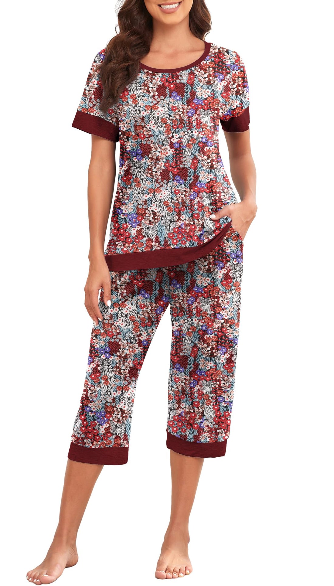 PrinStory Women's Pajama Set Short Sleeve Shirt and Capri Pants Sleepwear Pjs Sets Lounge Set WEBE CLOTHING