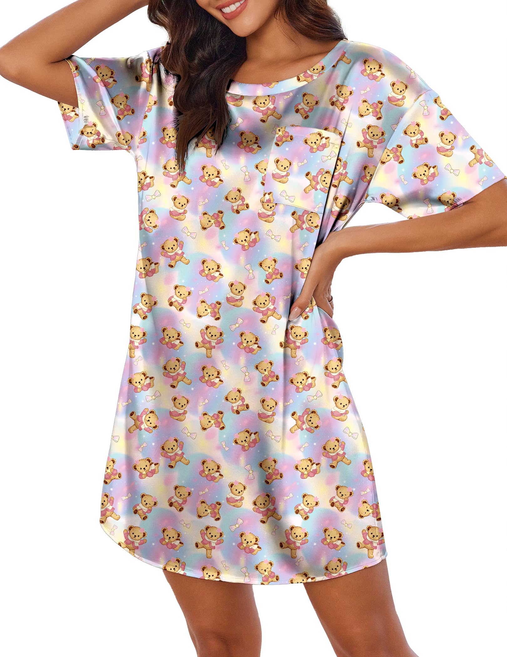 Ekouaer Silk Sleep Shirts for Women Satin Nightshirt Tshirt Nightgown Short Sleeve Round Neck Sleepwear with Pocket S-2XL