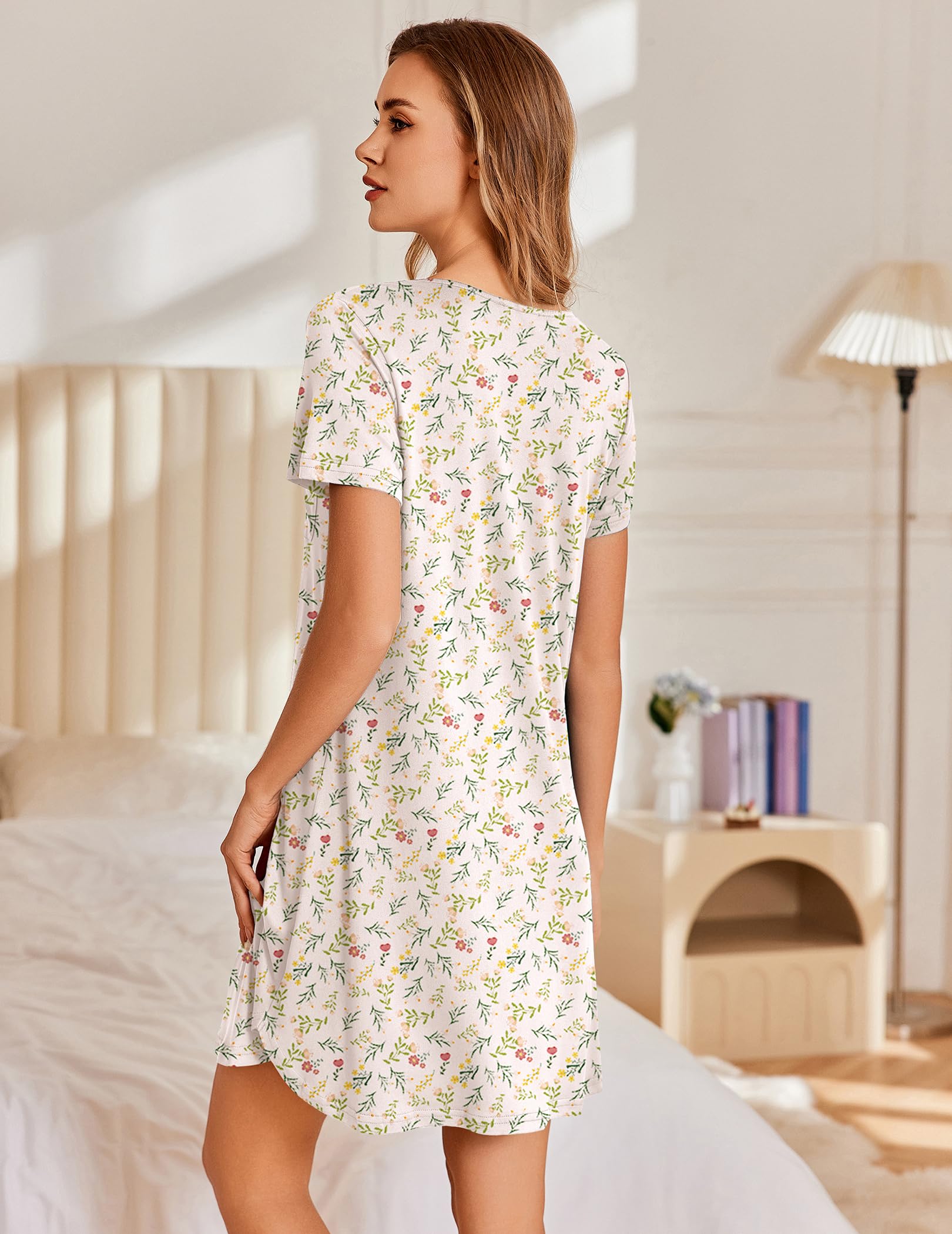 Ekouaer Nightgowns for Women Pleated Sleep Shirts Short Sleeve Night Shirts Lace Trim Night Gown Ladies Sleep Dress