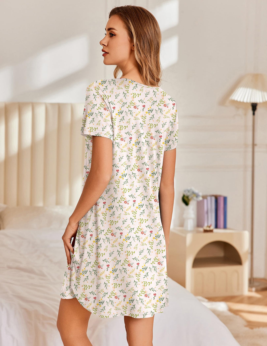 Ekouaer Nightgowns for Women Pleated Sleep Shirts Short Sleeve Night Shirts Lace Trim Night Gown Ladies Sleep Dress