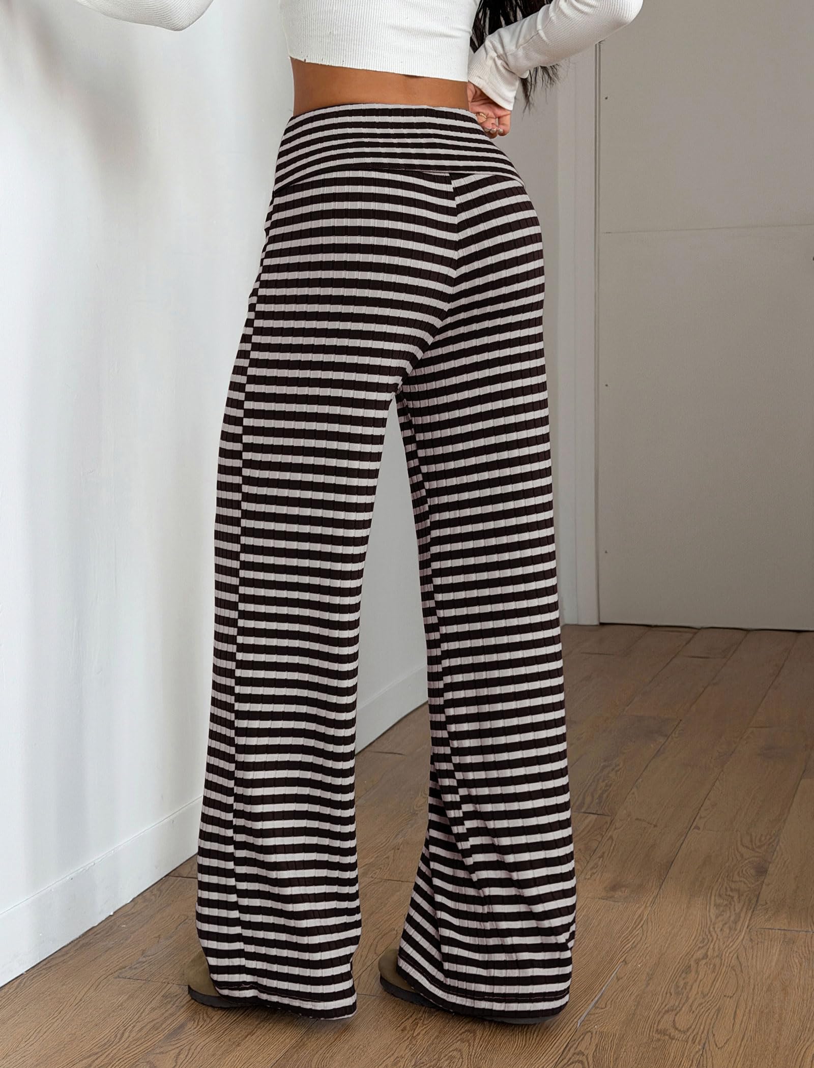 ZAFUL Women's Striped Pants Casual Fold Waist Wide Leg Pants Lightweight Comfy Stretchy Loose Lounge Pajama Pants