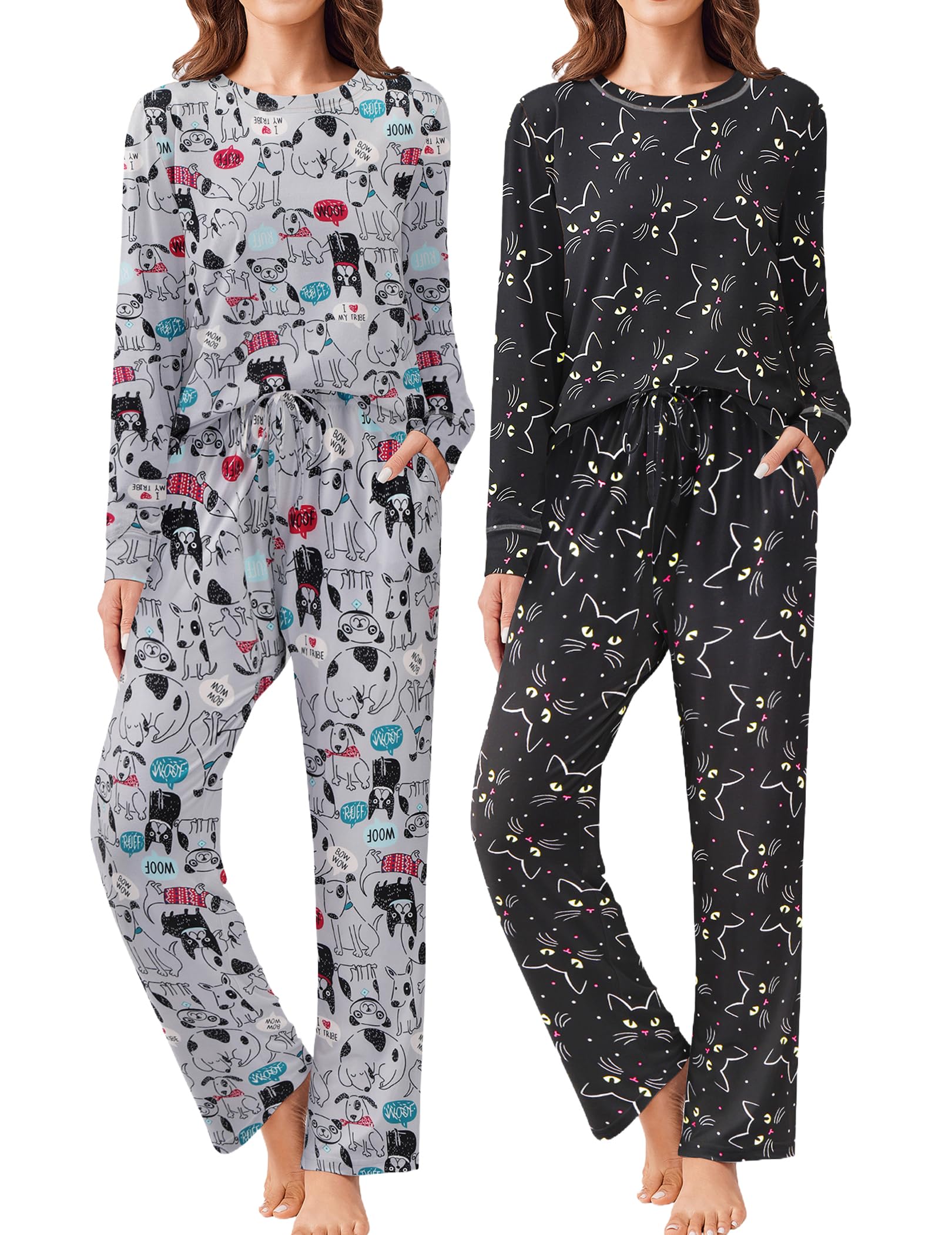 Ekouaer 2 Pack Women Pajama Long Sleeve Sleepwear Soft Loungewear Pjs Sets with Pockets S-XXL