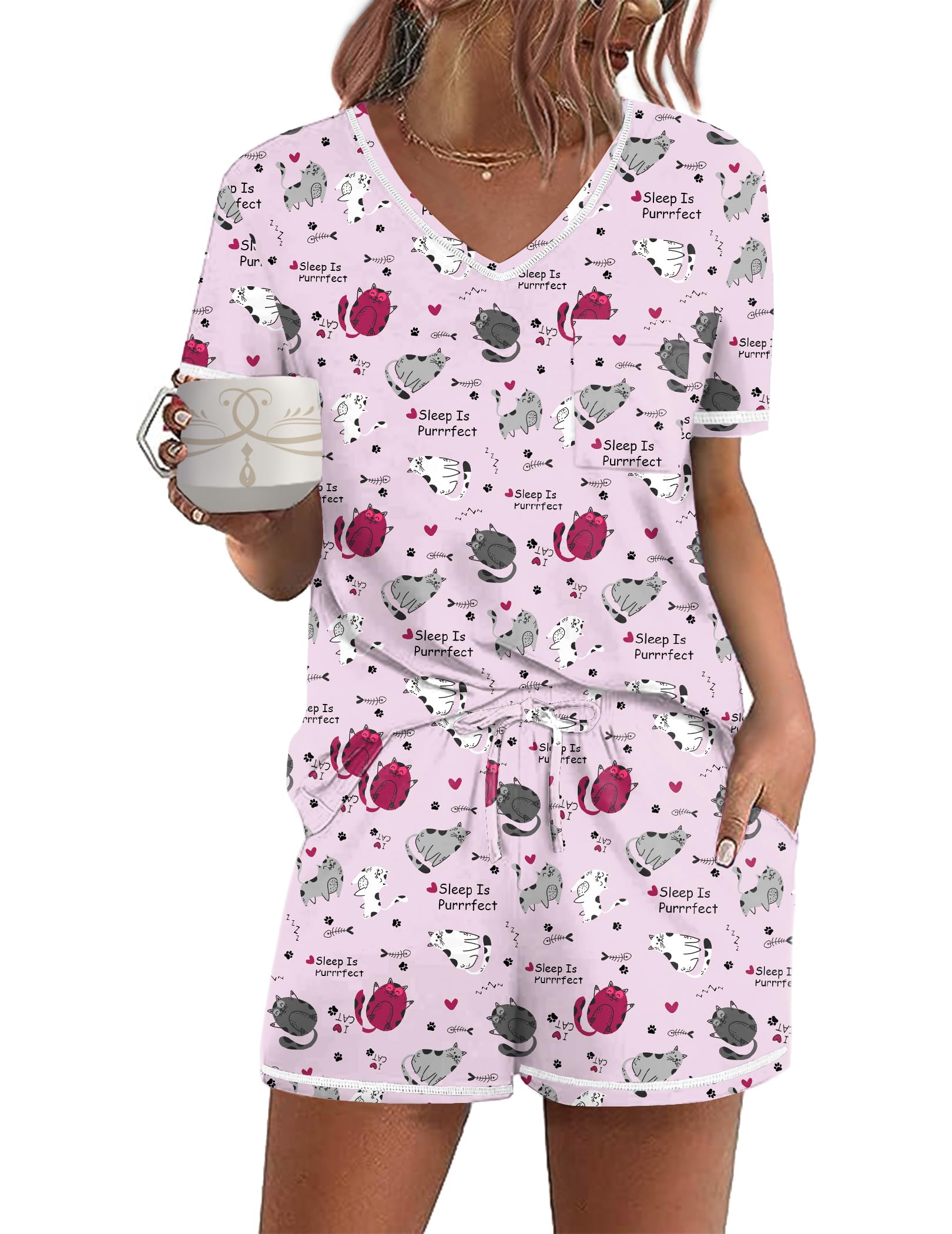 Ekouaer Women's Pajamas Sets Short Sleeve Pjs Two Piece Sleepwear Casual Lounge Sets With Pockets