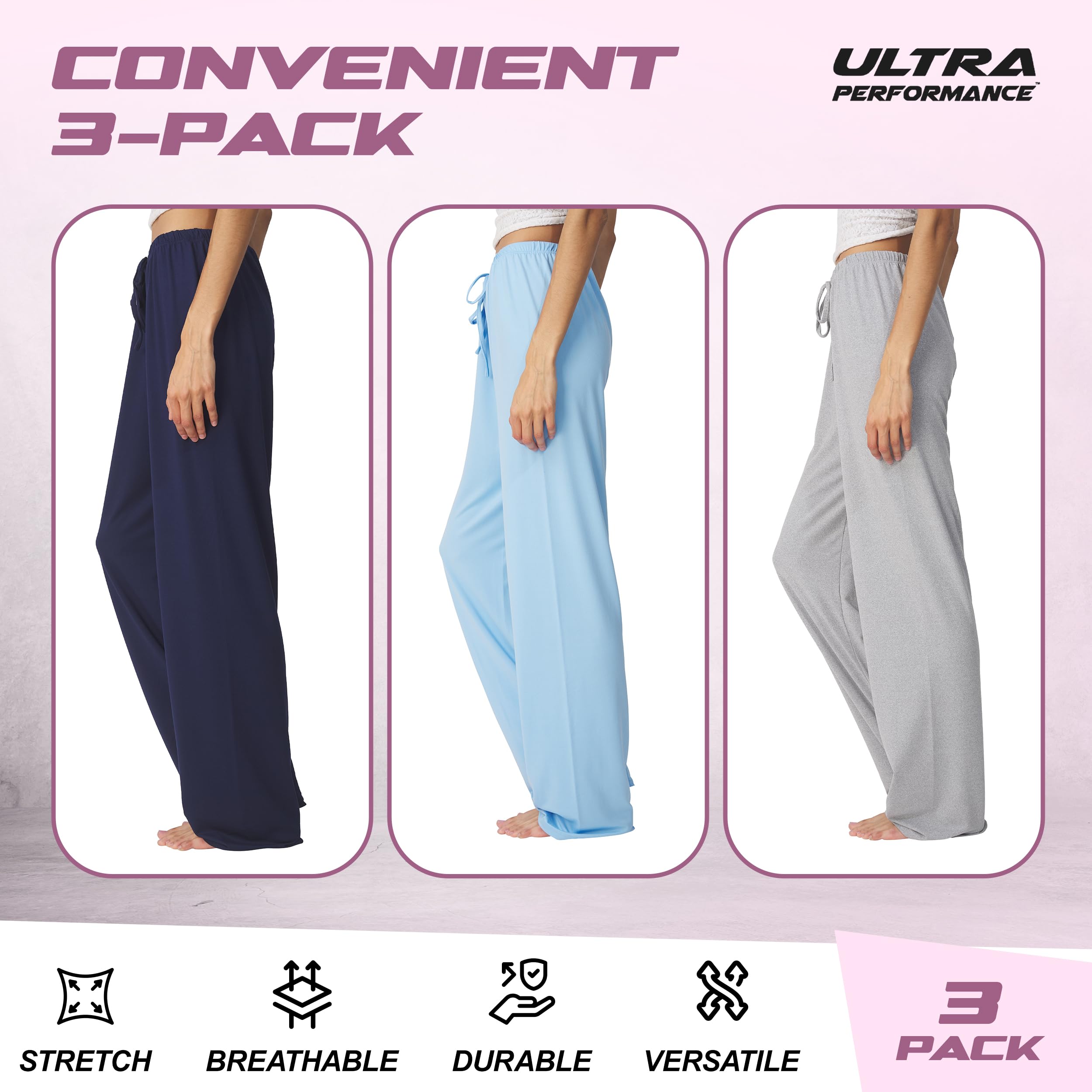 Ultra Performance Womens Pajama PJ Pants 3 Pack Lounge Bottoms Pajamas for Women (Avail in Plus Sizes)