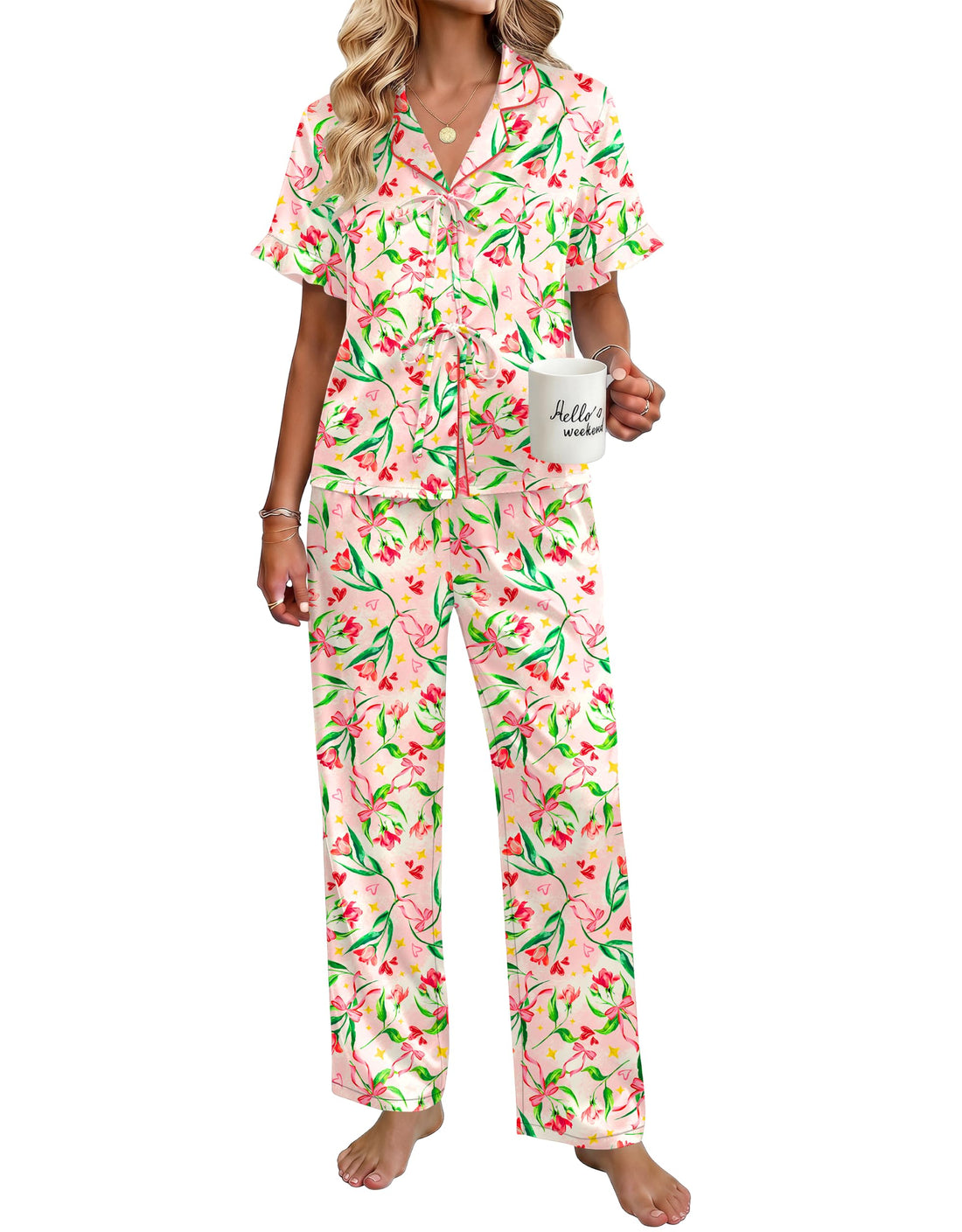 Ekouaer Womens Satin Pajama Sets Silky Tie Front Ruffle Pjs Sets Sleepwear | Soft lightweight satin fabric; tie-front top with ruffle cuffs, ideal for loungewear, bridal party and vacation wear WEBE CLOTHING