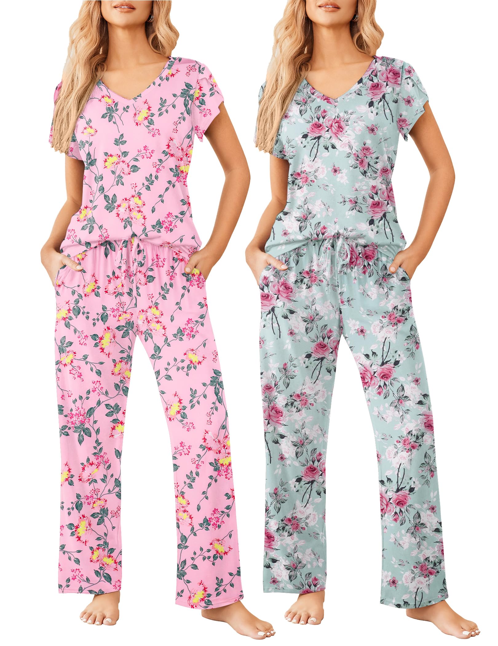 Ekouaer 2 Pack Womens Pajamas Short Sleeve Sleepwear Top with Pants Super-Soft Printed Lounge Sets S-XXL