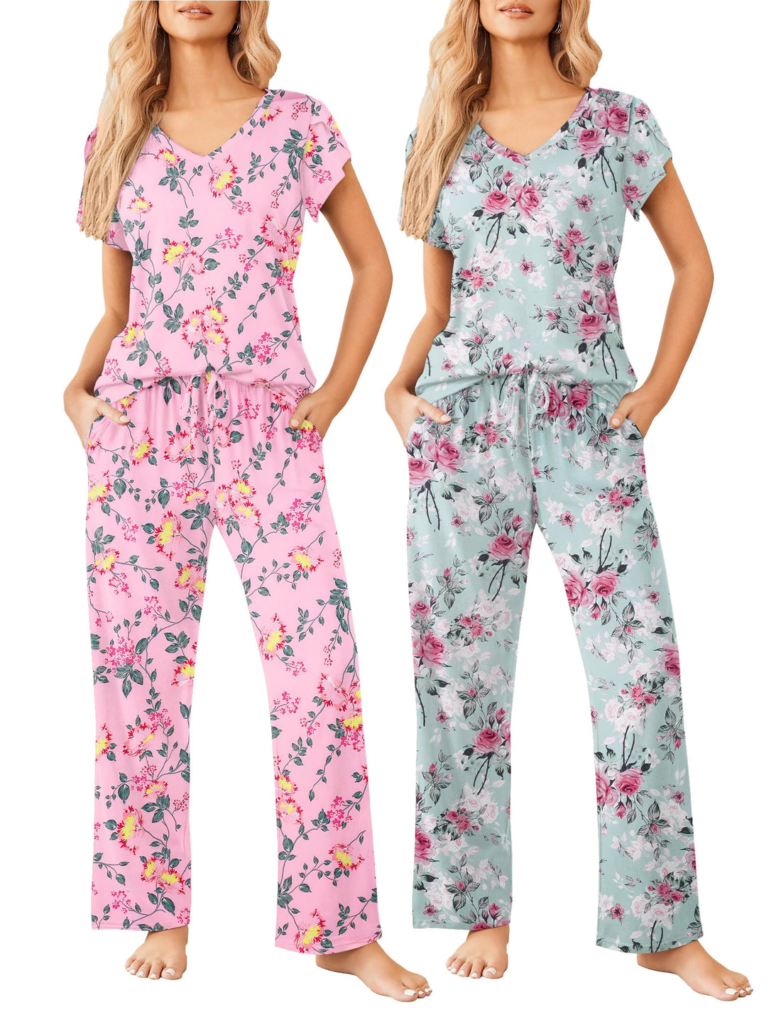 Ekouaer 2 Pack Womens Pajamas Short Sleeve Sleepwear Top with Pants Super-Soft Printed Lounge Sets S-XXL