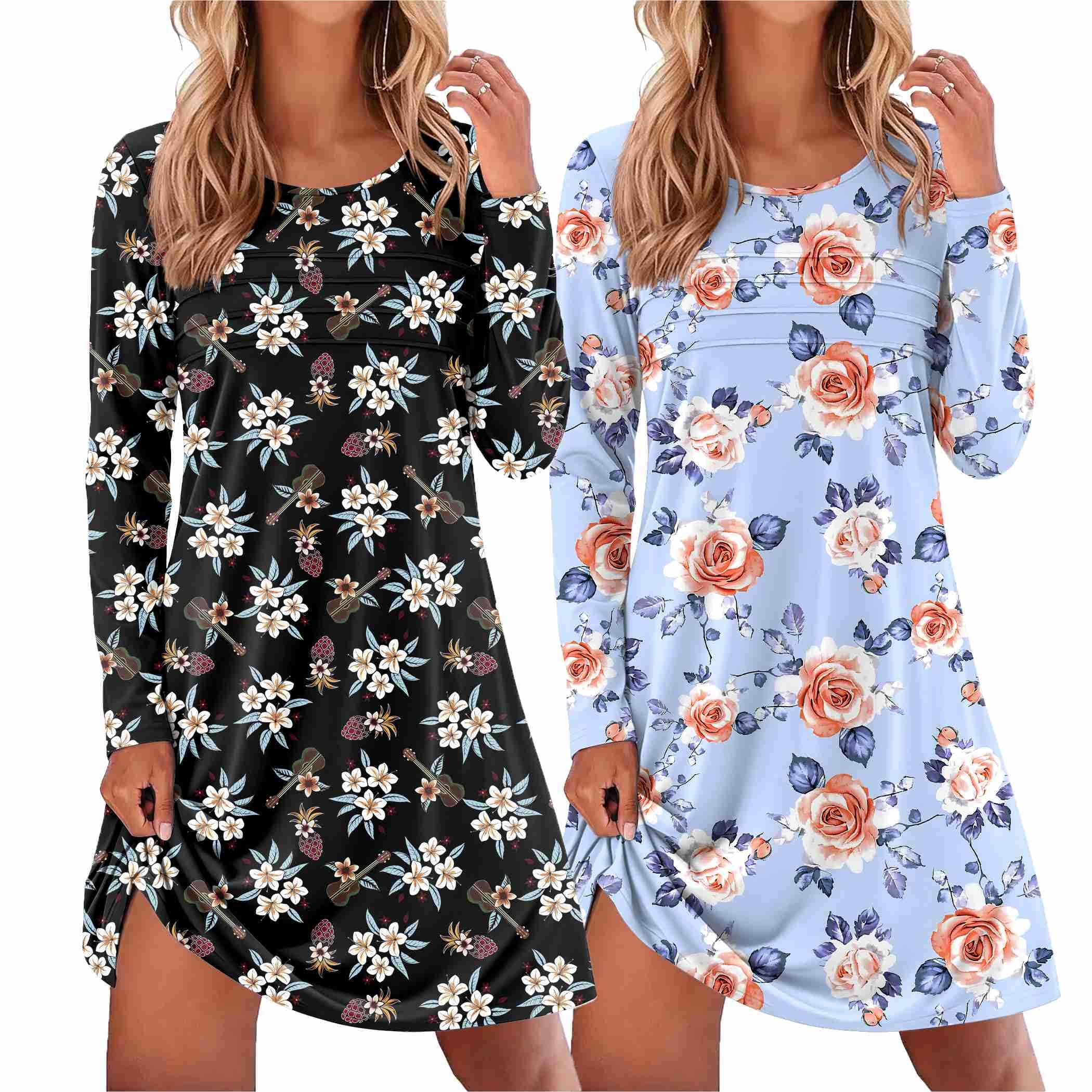 Ekouaer 2 Pack Long Sleeve Nightgown for Women Crew Neck Sleepshirts S-3XL | Excellent Value for the Price Features Many Cute Prints Soft Comfortable Fabric Long Sleeve O Neck Nightgown for Sleeping WEBE CLOTHING