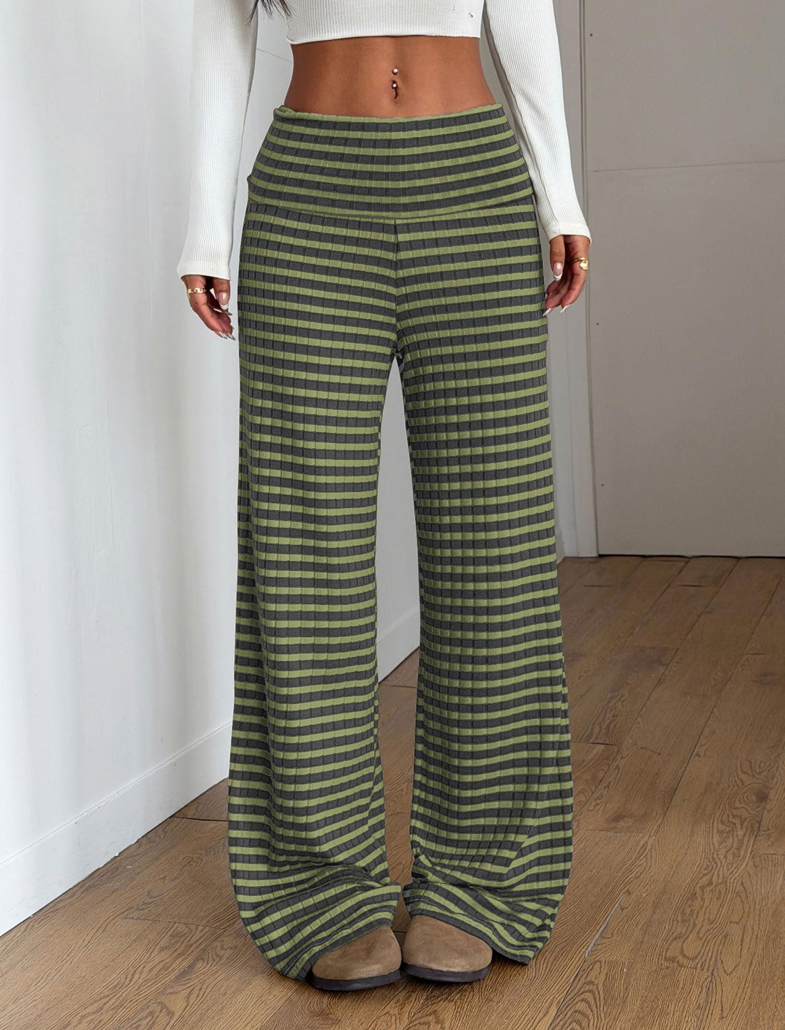 ZAFUL Women's Striped Pants Casual Fold Waist Wide Leg Pants Lightweight Comfy Stretchy Loose Lounge Pajama Pants