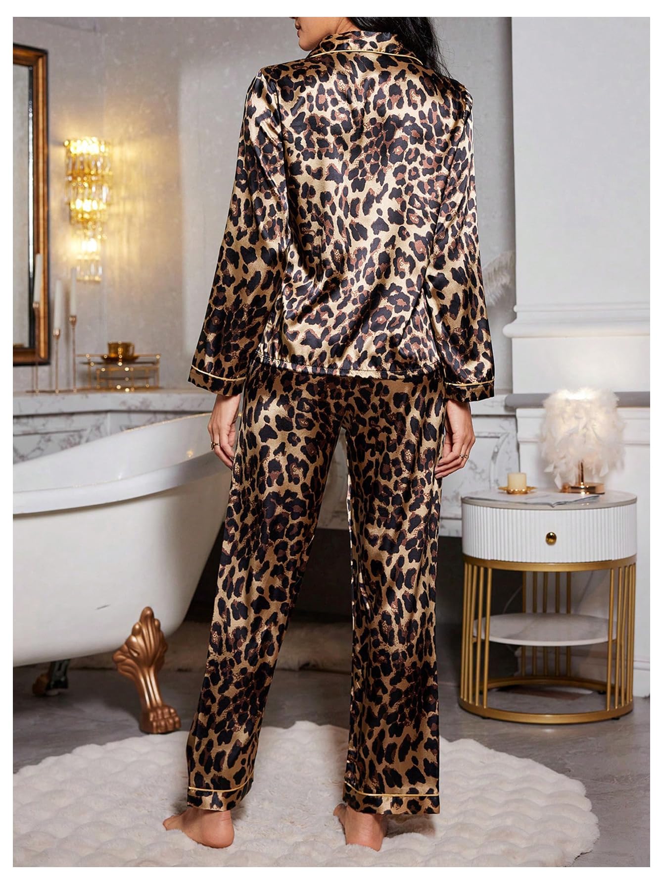 WDIRARA Women's 2 Piece Leopard Print Satin Pajama Set Lounge Sleepwear Set | Animal Print,Leopard Print Satin,Long Sleeve,Button Down,Cheetah Silk Loungewear Pj WEBE CLOTHING