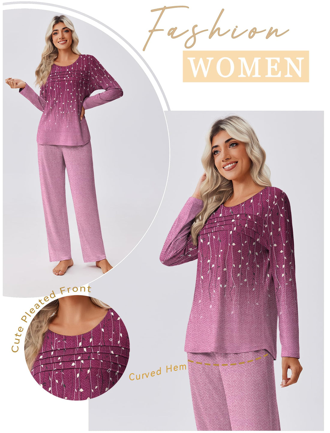 Ekouaer Womens Pajama Sets Pleated Tops with Long Pants Lounge Set Long Sleeve Fall Sleepwear Ladies Pjs S-XXL