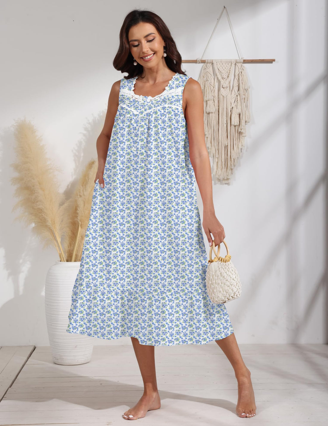 100% Cotton Floral Pearl Snap Nightgown for Women Sleeveless Victorian Sleep Dress Cotton Nightgowns with Pockets WEBE CLOTHING
