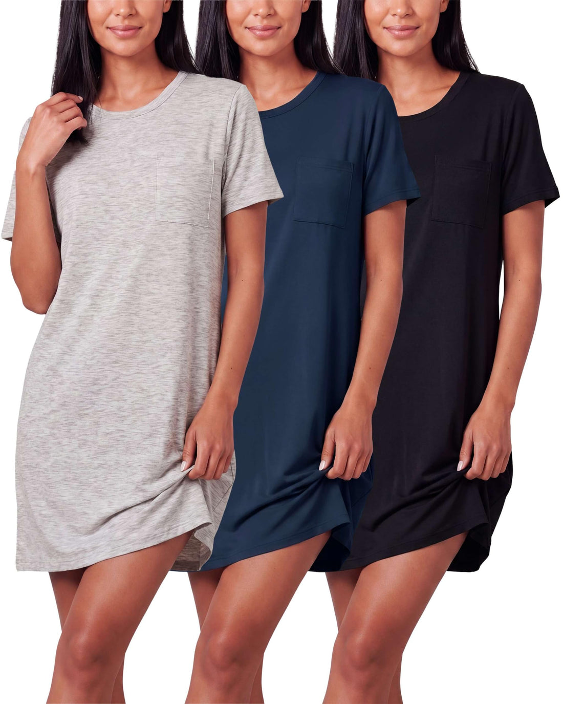 Real Essentials 3 Pack: Women's Short Sleeve Nightgown Dress – Nightshirt Pajama Sleep Shirt Sleepwear (Available In Plus)