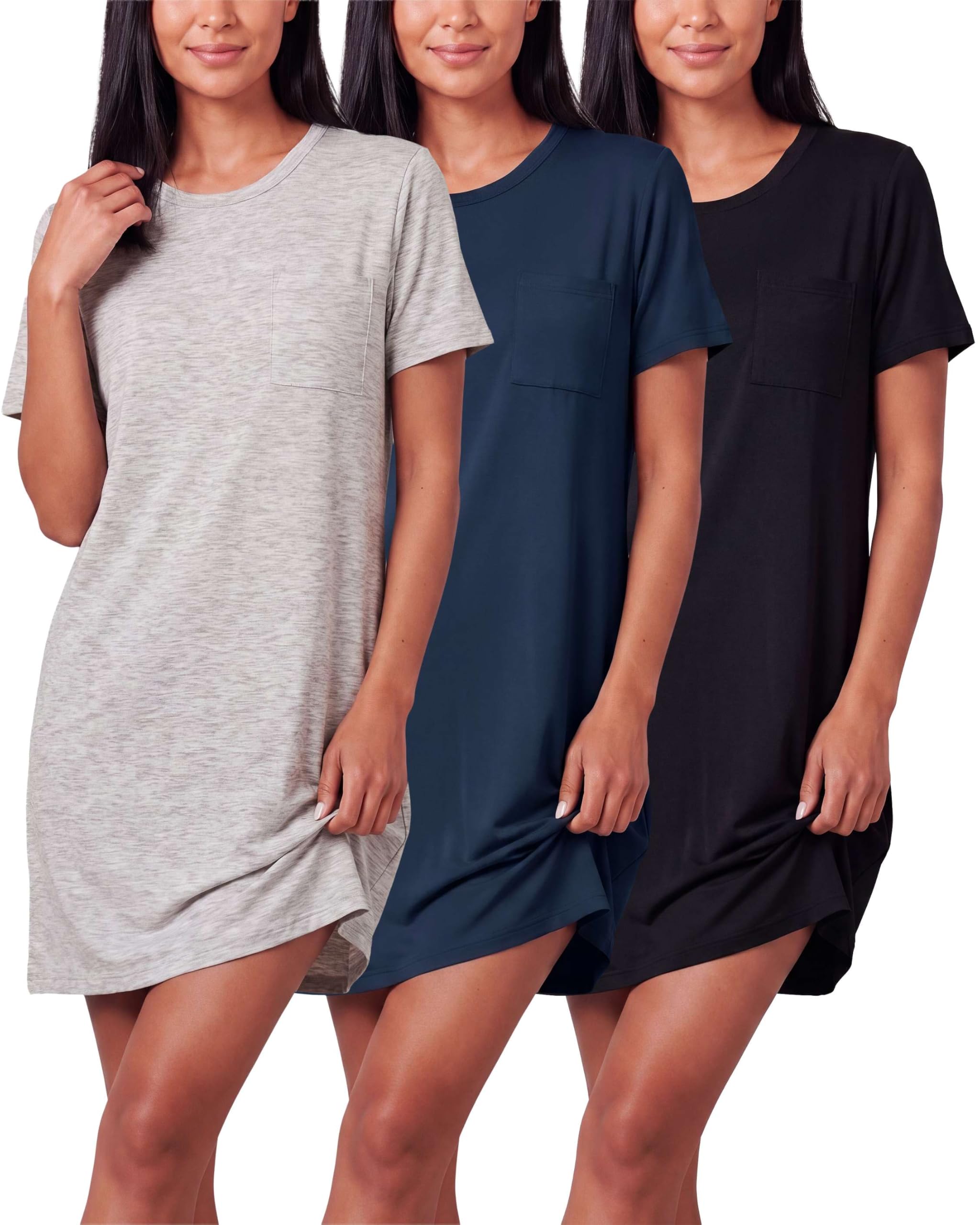 Real Essentials 3 Pack: Women's Short Sleeve Nightgown Dress – Nightshirt Pajama Sleep Shirt Sleepwear (Available In Plus)