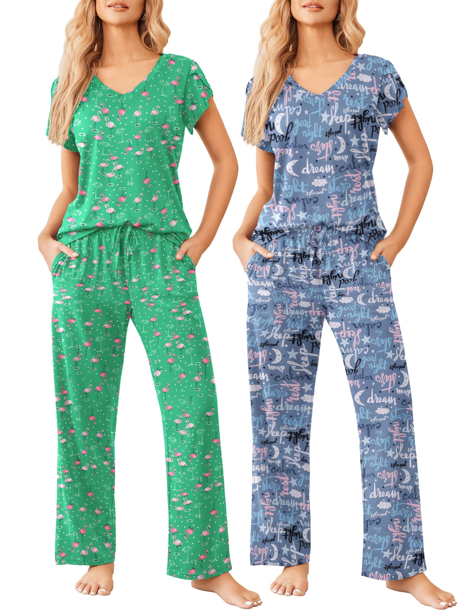 Ekouaer 2 Pack Womens Pajamas Short Sleeve Sleepwear Top with Pants Super-Soft Printed Lounge Sets S-XXL