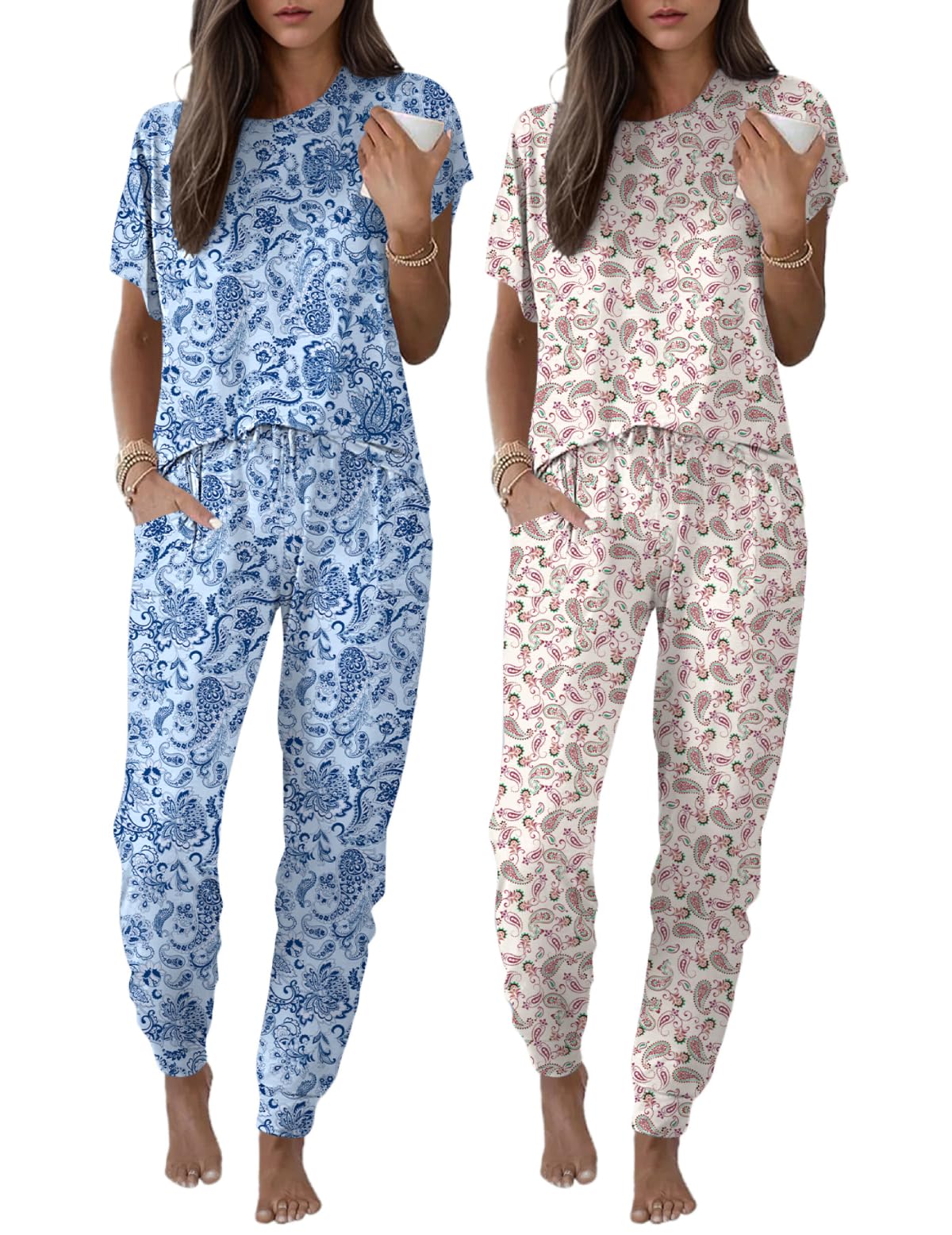 Ekouaer 2 pack Pajama Sets for Womens Jogger Pants Pjs Short Sleeves Lounge Set Soft Sleepwear with Pockets