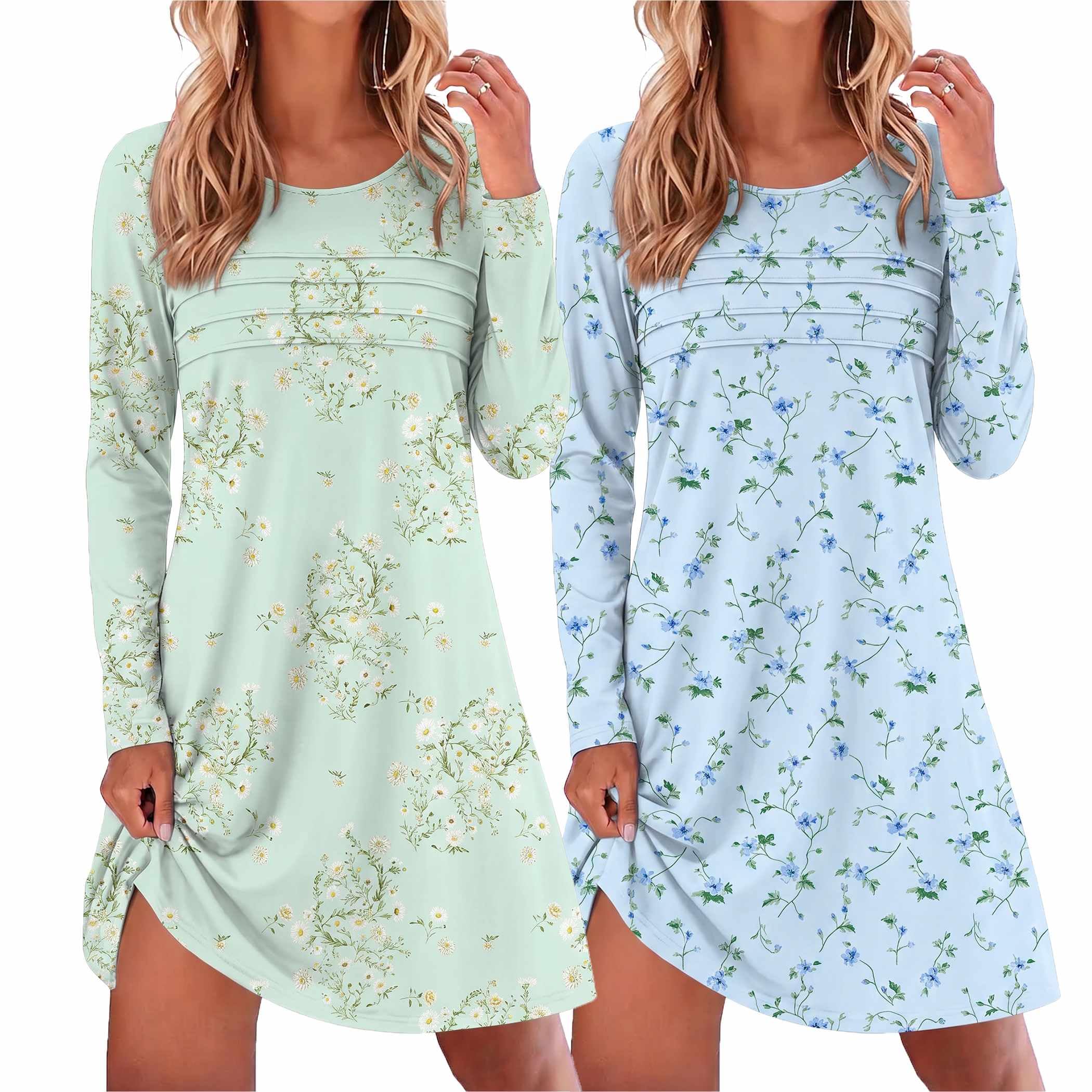 Ekouaer 2 Pack Long Sleeve Nightgown for Women Crew Neck Sleepshirts S-3XL | Excellent Value for the Price Features Many Cute Prints Soft Comfortable Fabric Long Sleeve O Neck Nightgown for Sleeping WEBE CLOTHING
