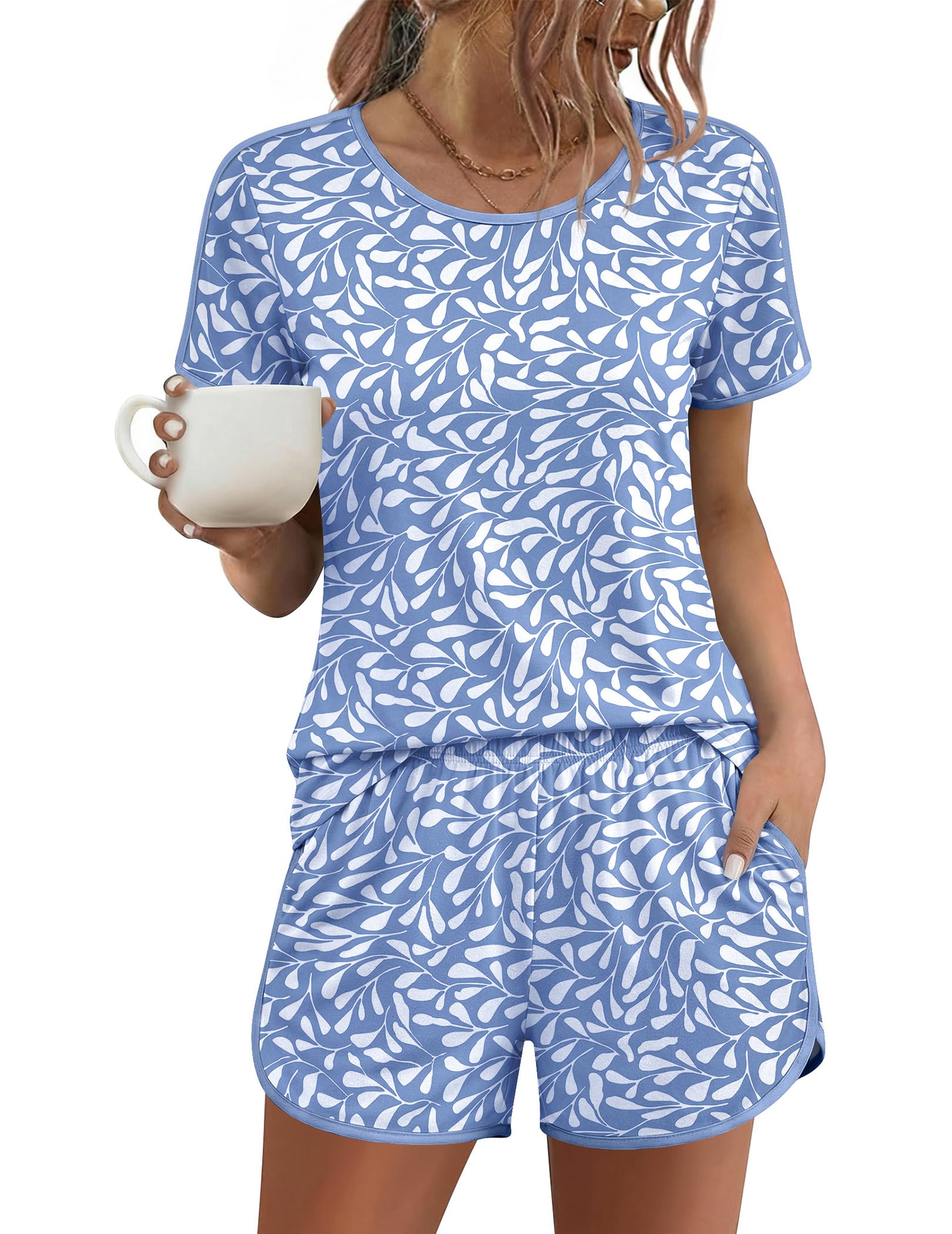 Ekouaer Womens Pajama Sets Short Sleeve Sleepwear Soft Pjs Sets Round Neck Summer 2 Piece Lounge Set with Pockets S-XXL