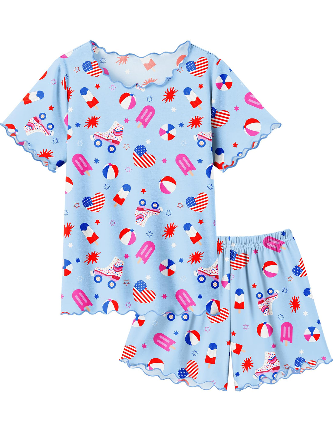 Arshiner Girls Pajama Set Short Sleeve Lounge Set Soft Shirring Summer Sleepwear Pj Sets
