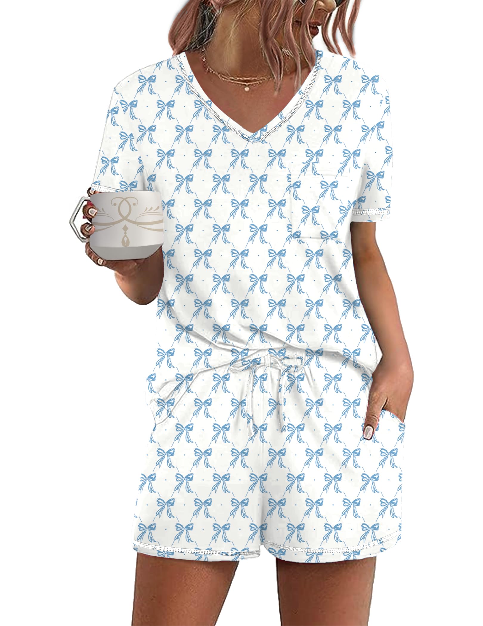 Ekouaer Women's Pajamas Sets Short Sleeve Pjs Two Piece Sleepwear Casual Lounge Sets With Pockets