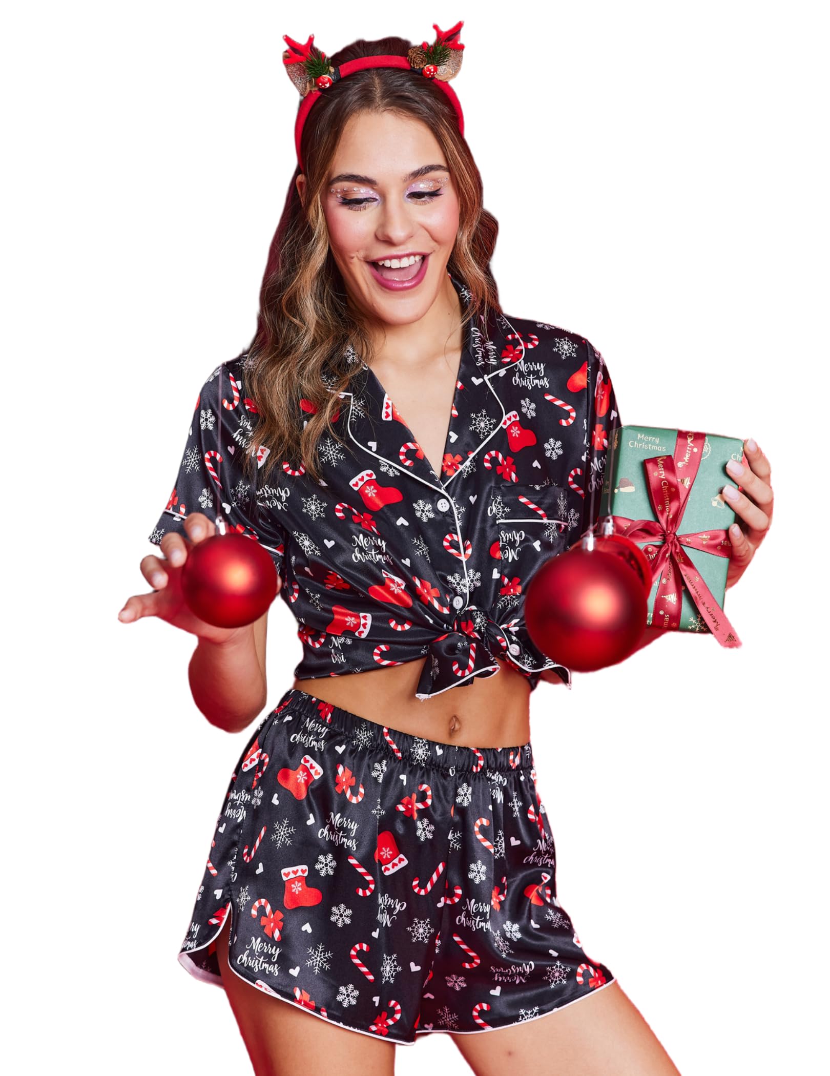 Ekouaer Womens Silk Satin Pajama Set Print Short Sleeve Sleepwear Button Down Pjs Shorts Set Loungewear