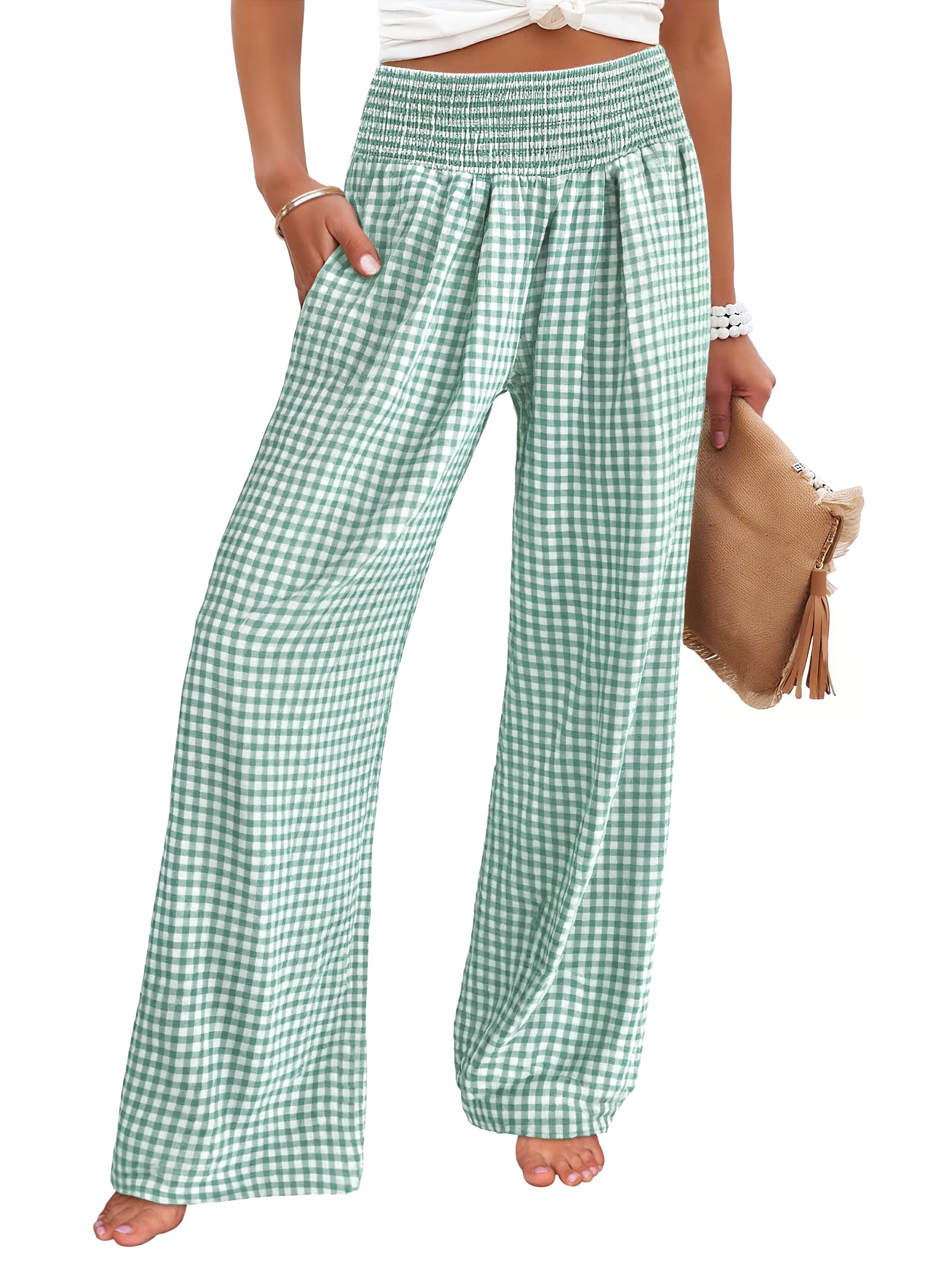 ANRABESS Womens Striped Gingham Palazzo Pants | Wide Leg Smocked High Waisted Pajama Pants, Lounge & Casual, Summer Fall Cute Pants with Pockets