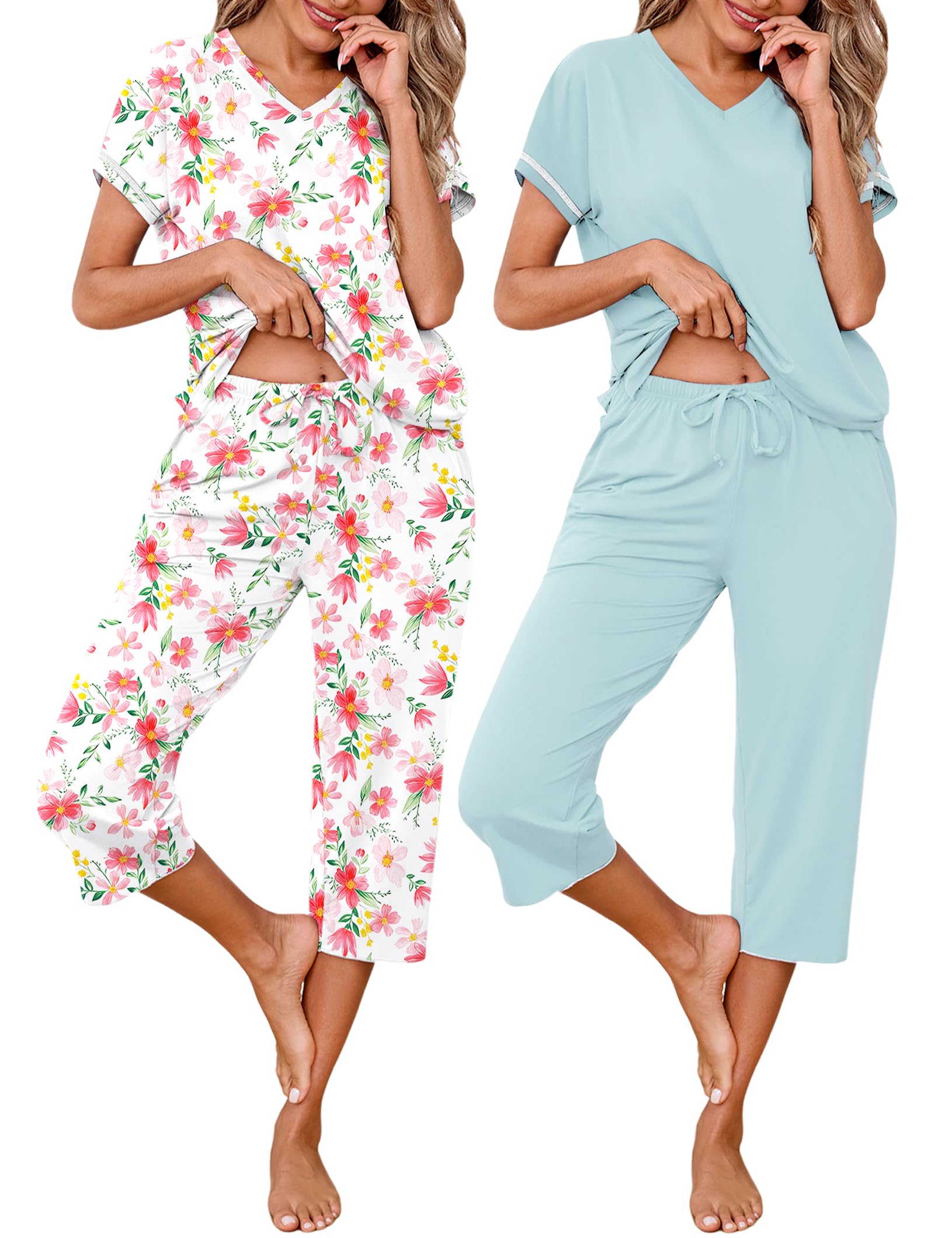 Marvmys Womens 2 Pack Pajama Sets Short Sleeve Sleepwear Capri Pants Pjs | Pockets, Lightweight, Cooling Pyjamas, Nightwear Comfy for Daily Wear, Pajams sets, Sleep, Travel, Wife, Mom WEBE CLOTHING
