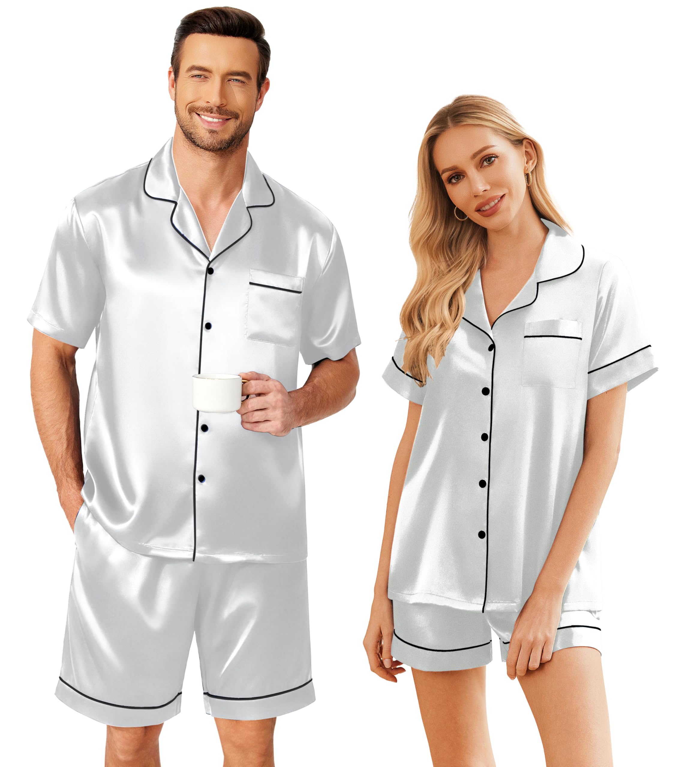 Ekouaer Couple Matching Pajamas Sets Silk Short Sleeve Button Down Sleepwear Satin Pjs Shorts Set Soft Loungewear S-XXL