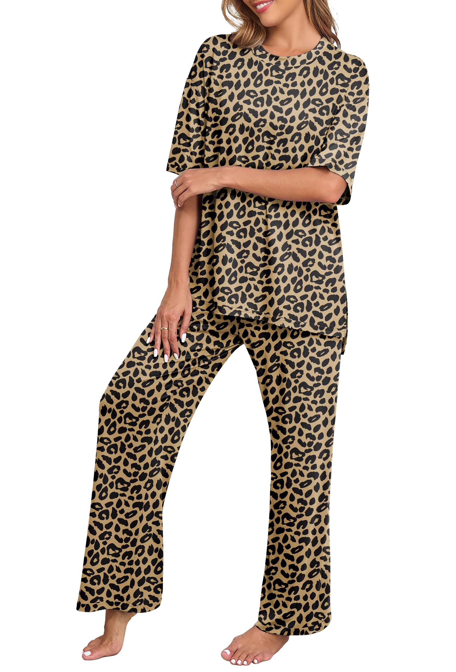 PrinStory Womens Pajamas Sets 2 Piece Lounge Set Short Sleeve Tops and Long Pants Soft Pjs Loungewear with Pockets