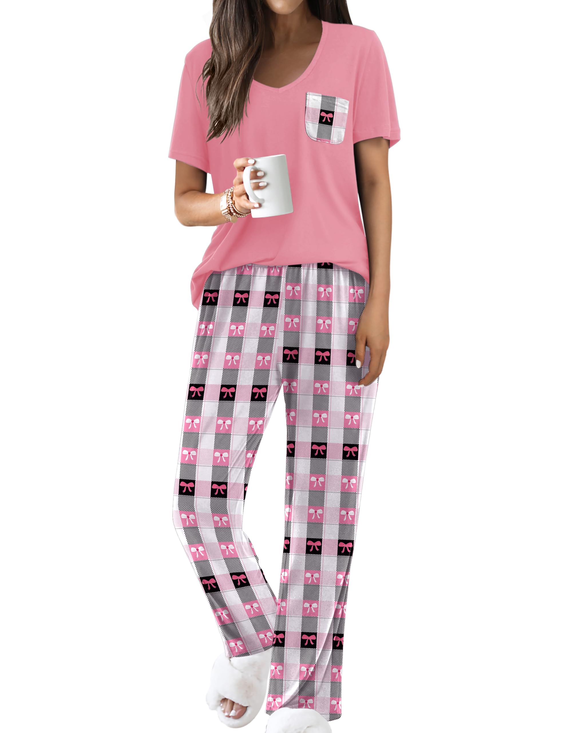 Ekouaer Pajama Sets for Women Short Sleeve Pj Set V Neck Sleepwear Chest Pocket with Long Pants Casual Loose Loungewear WEBE CLOTHING