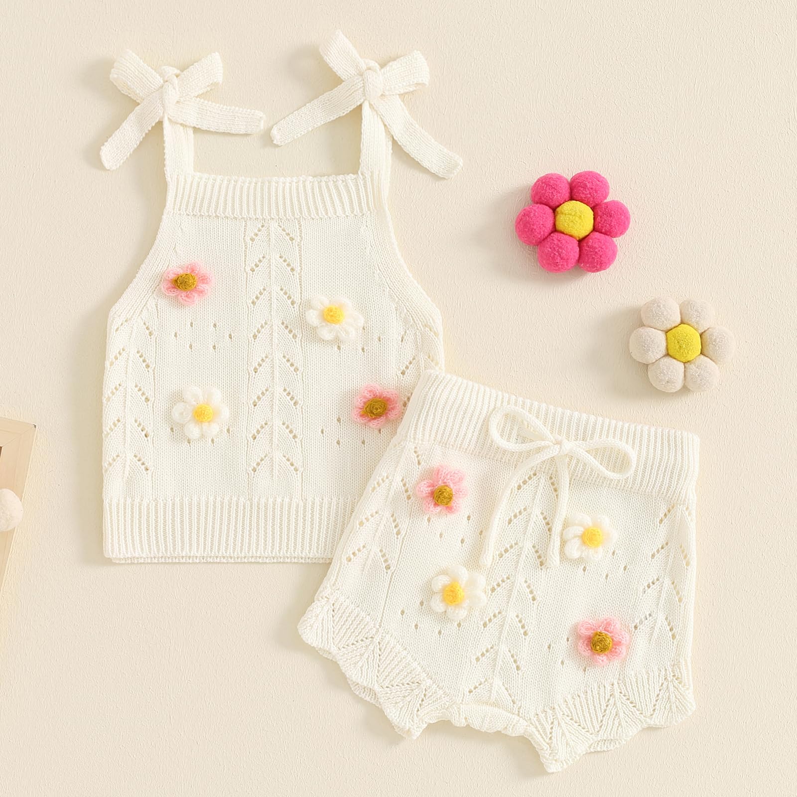 TheFound Toddler Baby Girls Knitted Outfit Tie-up Tank Top Elastic Waist Flower Shorts Summer Clothes 6 12 18 24 Months 2t 3t WEBE CLOTHING