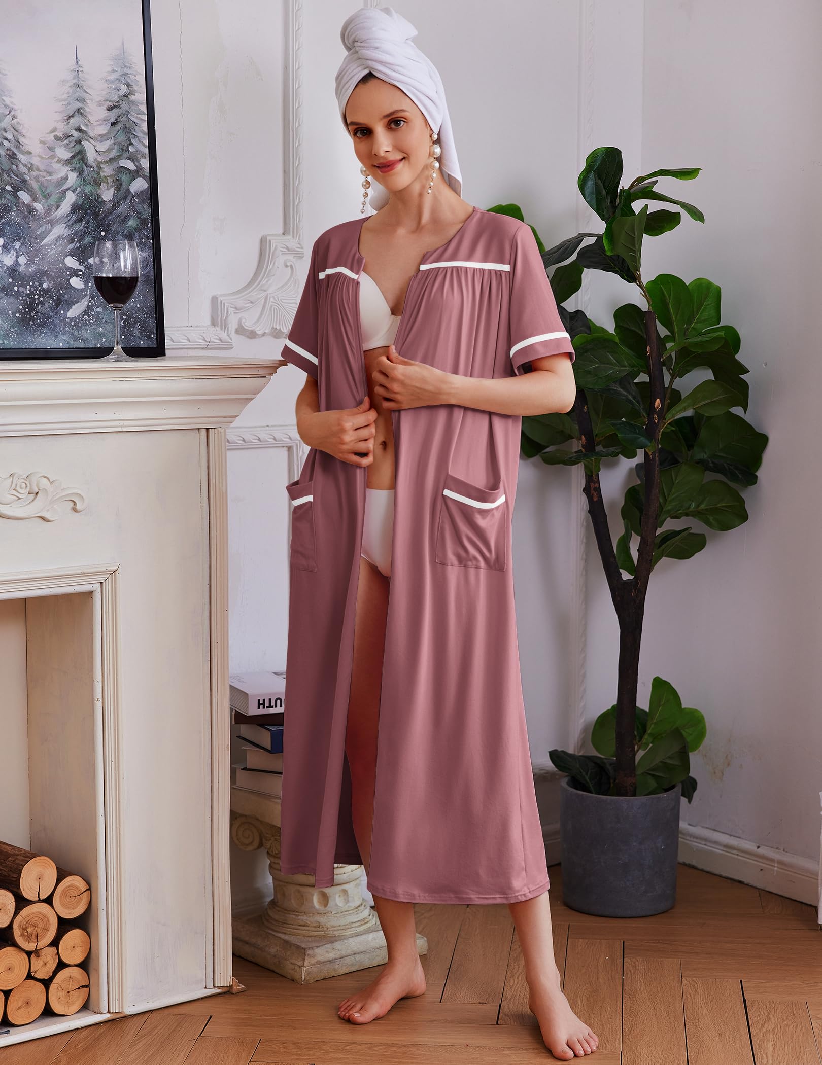 Ekouaer Zipper Robes for Women Short Sleeve Bathrobe Soft Lightweight Housecoat Full Length Nightgown with Pockets S-3XL WEBE CLOTHING