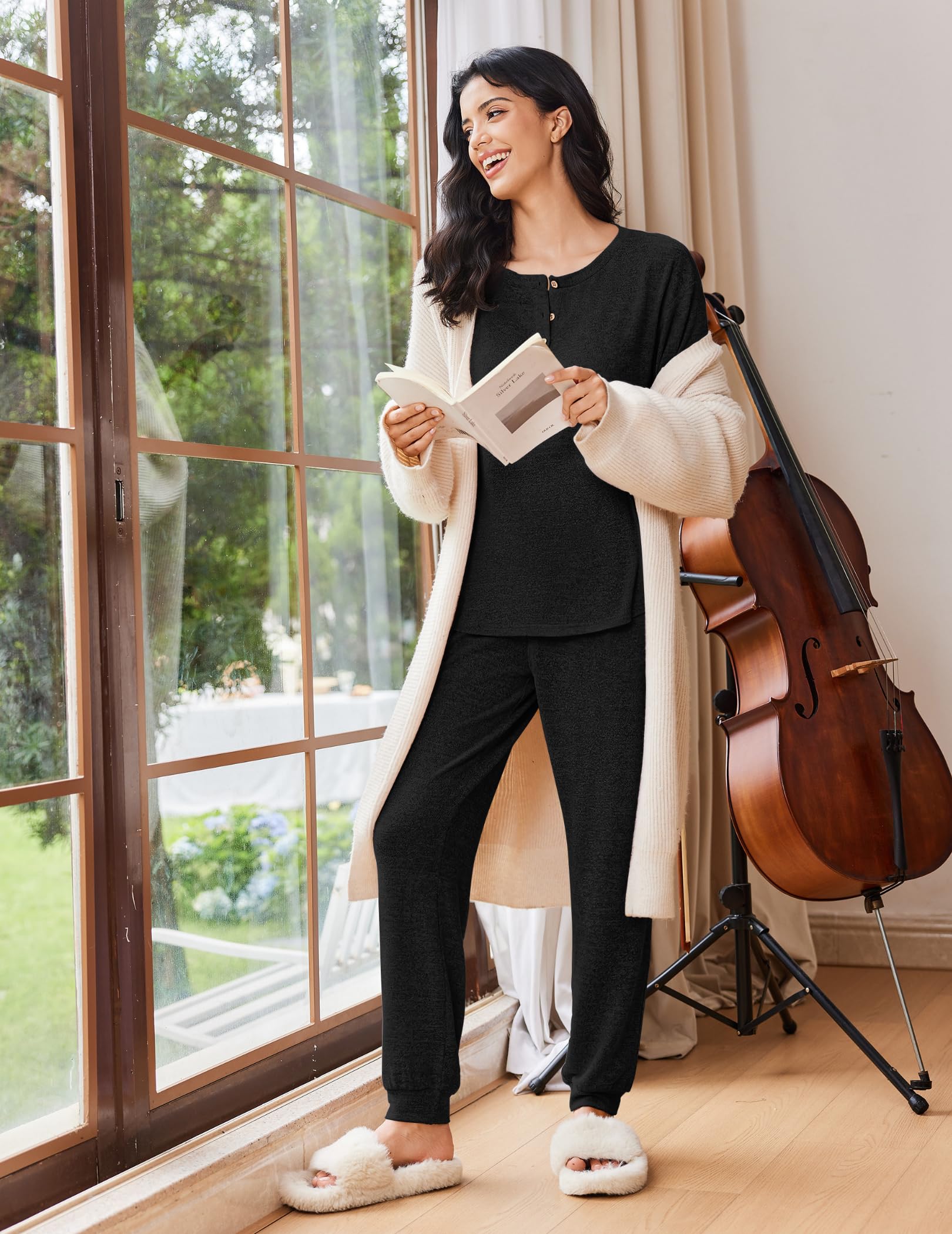 Ekouaer Womens Pajama Sets Long Sleeve Lounge Set 2 Piece Pj Sets for Women Henley Neck Casual Sleepwear Loungewear S-XXL