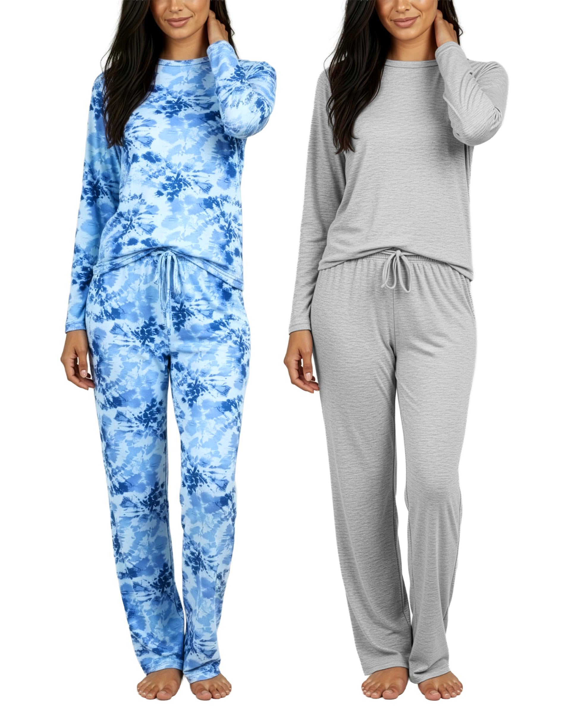 Real Essentials 2 Pack: Women's Long Sleeve Pajama Sets - Soft Comfy 2 Piece PJ Set Matching Ladies Sleepwear (Plus Size)