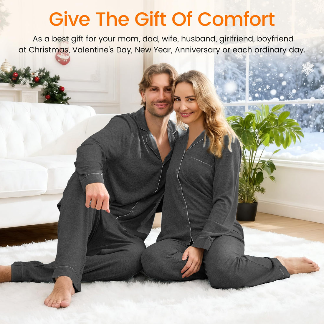 PJGGZ Matching Pajamas for Couples, Button Down Loungewear Soft Warm Long Sleeve Sleepwear His and Hers Pajamas Sets WEBE CLOTHING