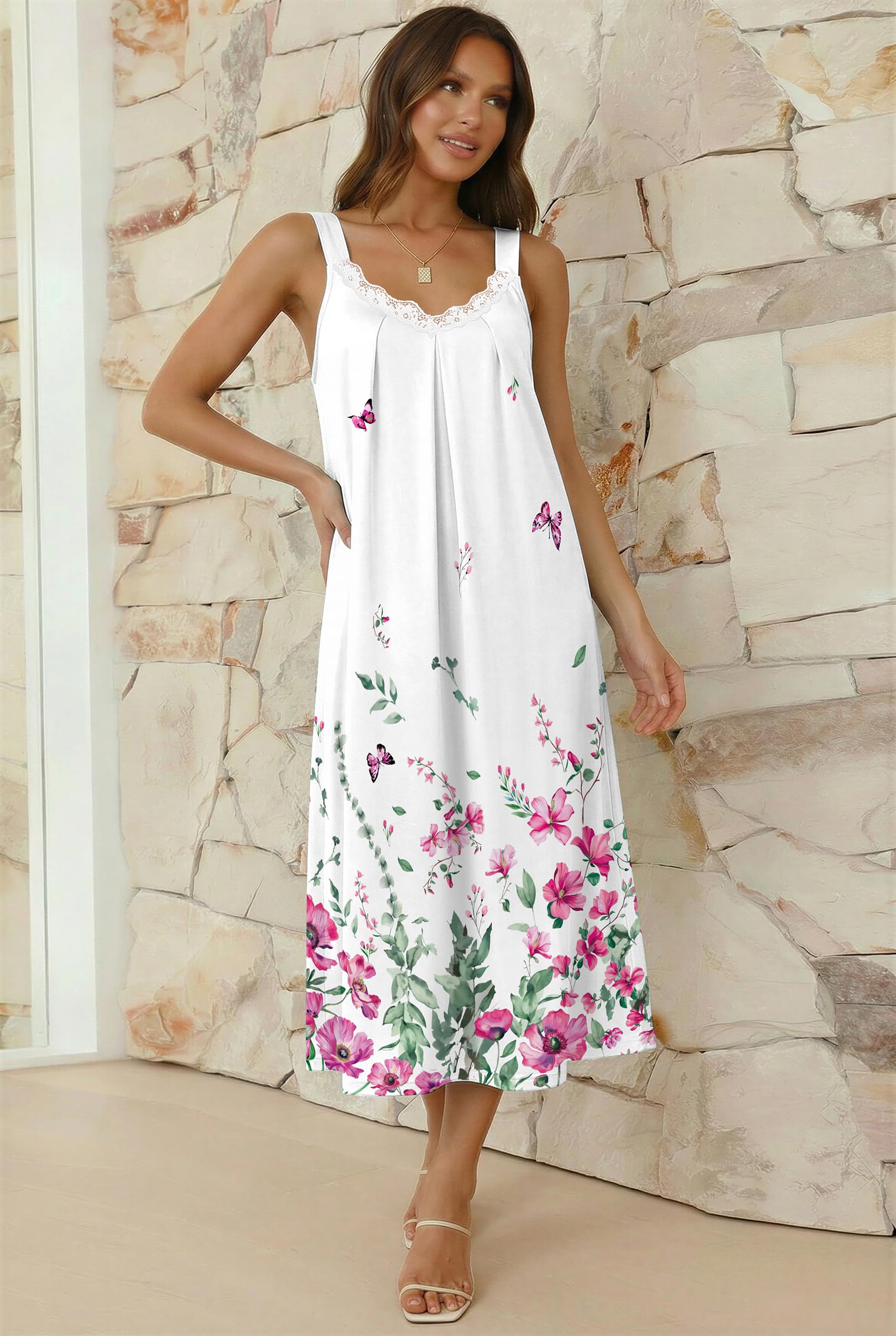 Ekouaer Sleeveless Nightgowns for Women Lace V-neck Long Nightdress Wide Strap Sleepwear Soft Lounge Dresses WEBE CLOTHING
